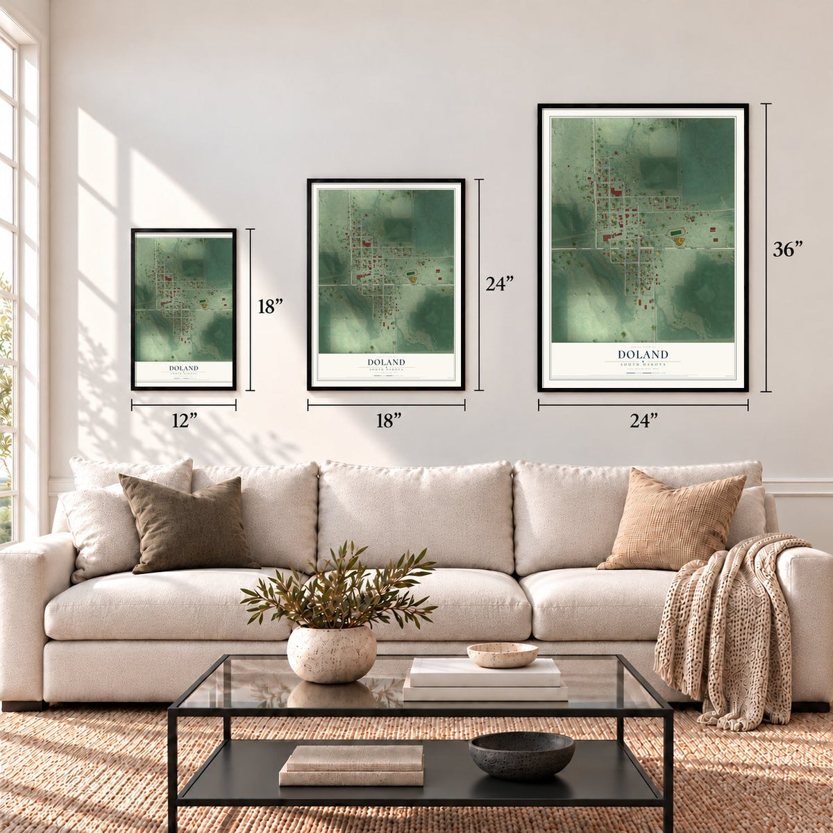 Doland, South Dakota map in 12 x 18, 18 x 24 and 24 x 36 inch sizes above a sofa