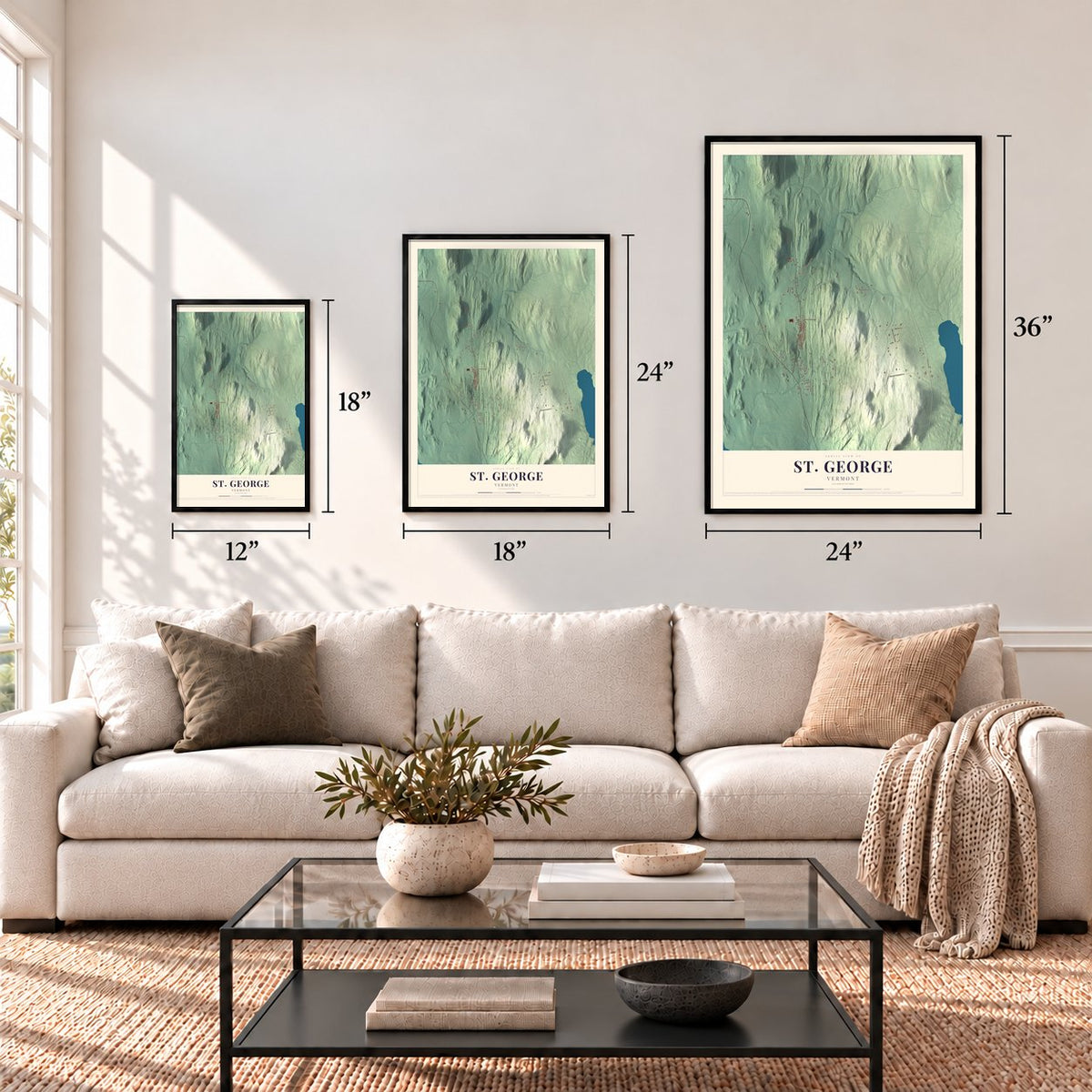 St. George, Vermont map in 12 x 18, 18 x 24 and 24 x 36 inch sizes above a sofa