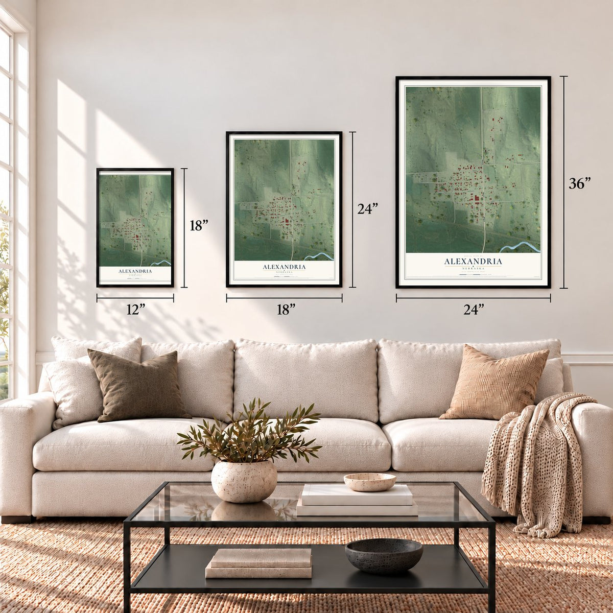 Alexandria, Nebraska map in 12 x 18, 18 x 24 and 24 x 36 inch sizes above a sofa