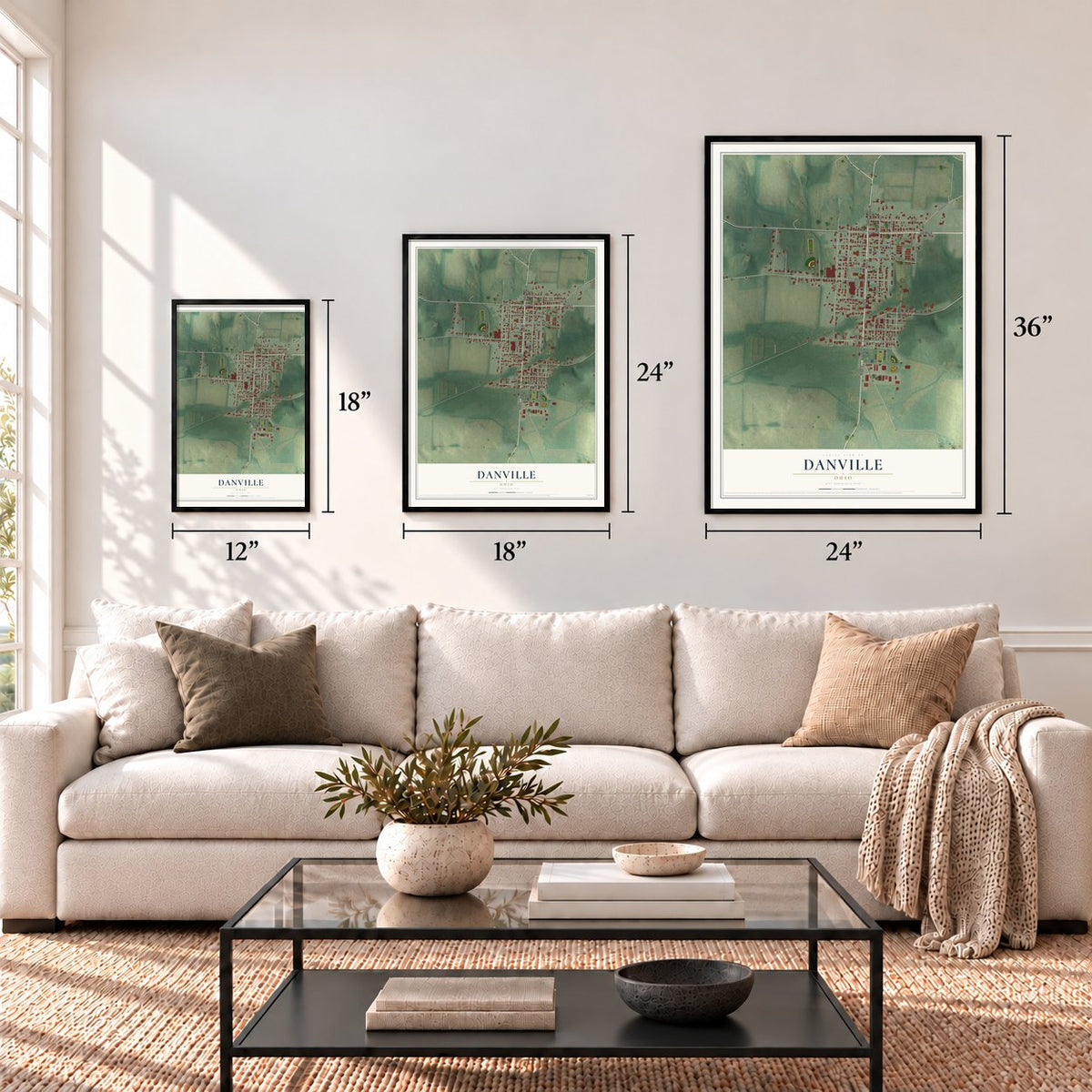 Danville, Ohio map in 12 x 18, 18 x 24 and 24 x 36 inch sizes above a sofa