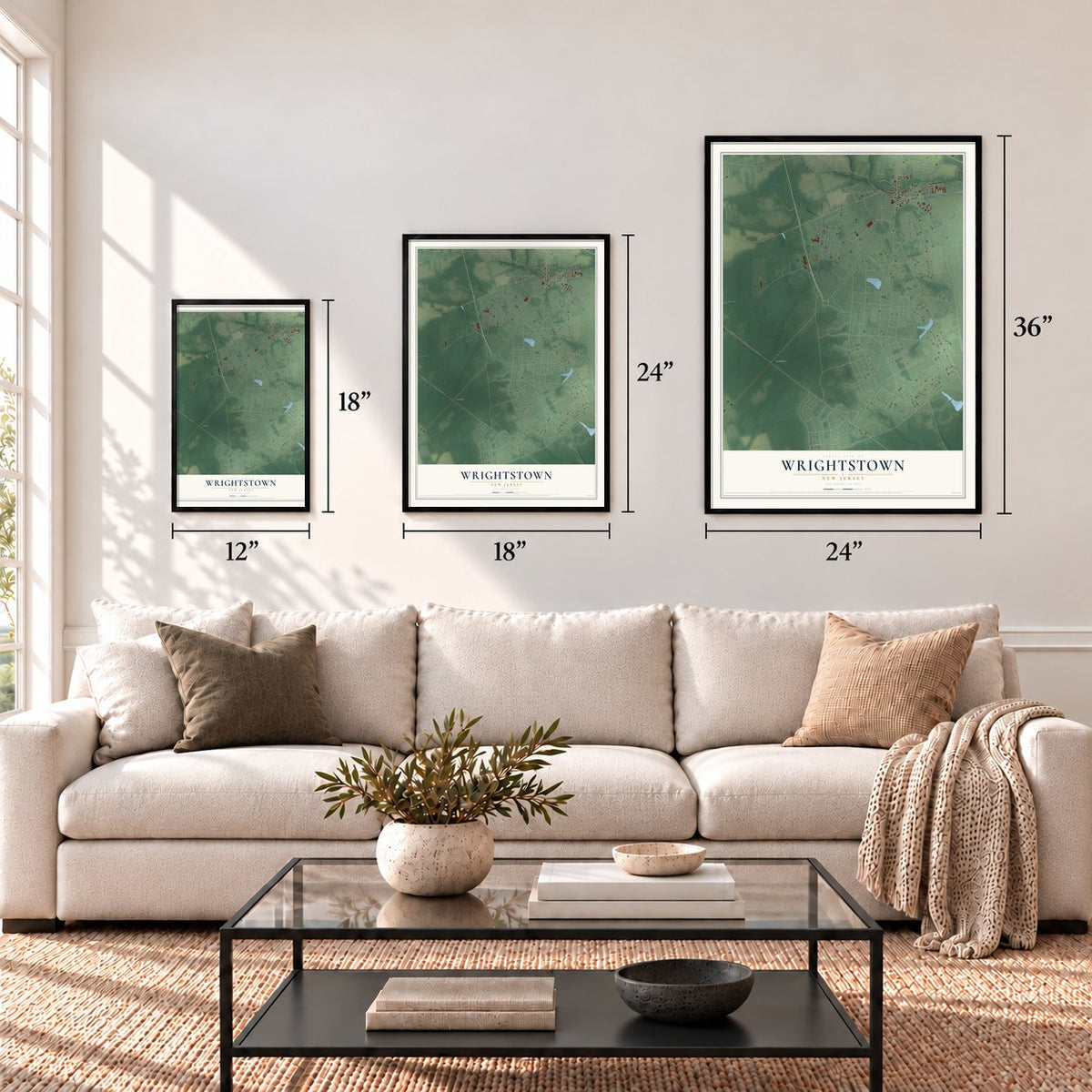 Wrightstown, New Jersey map in 12 x 18, 18 x 24 and 24 x 36 inch sizes above a sofa