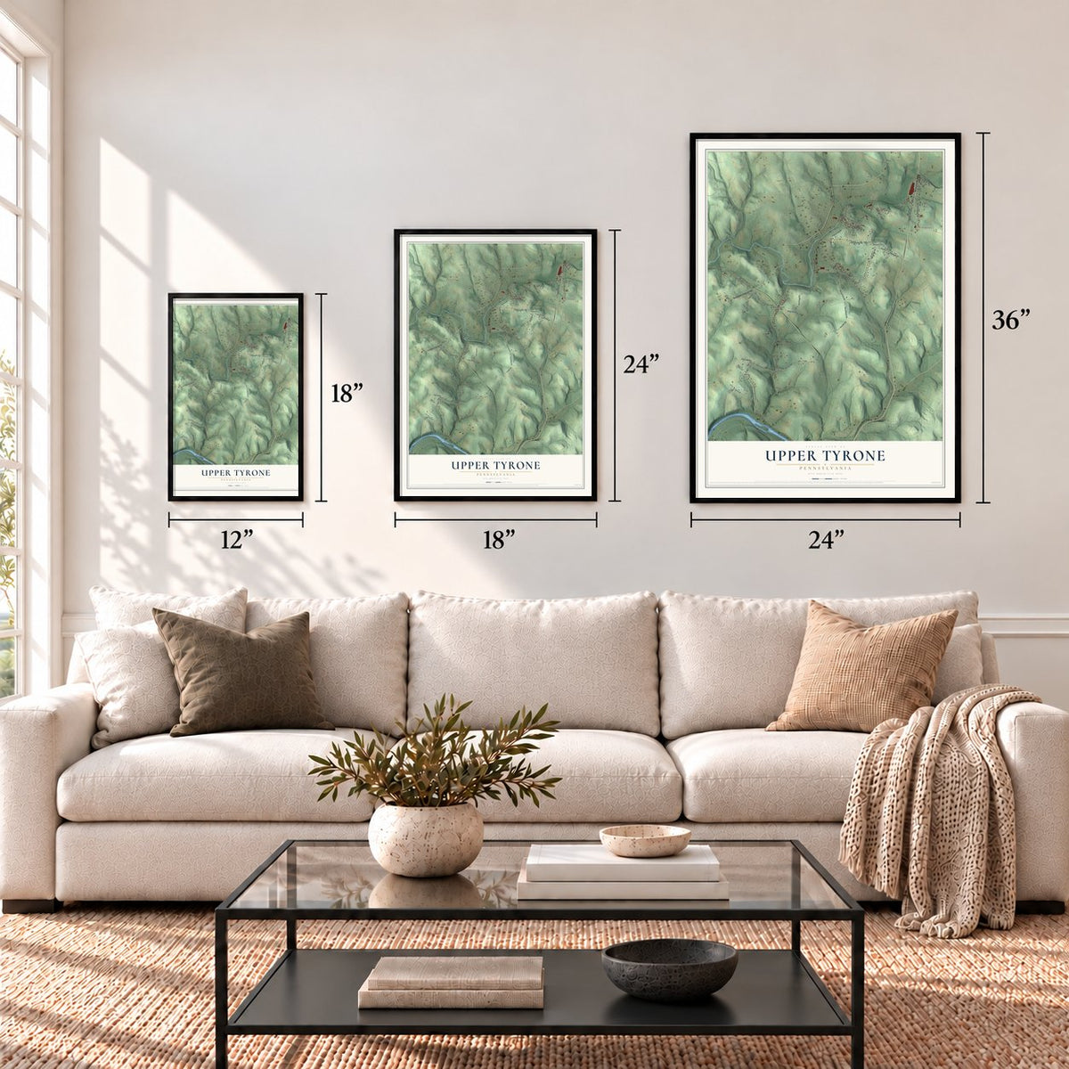 Upper Tyrone, Pennsylvania map in 12 x 18, 18 x 24 and 24 x 36 inch sizes above a sofa