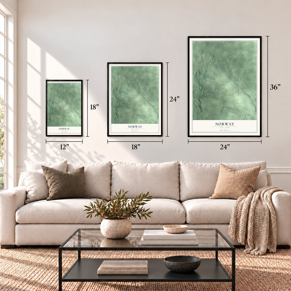 Norway, New York map in 12 x 18, 18 x 24 and 24 x 36 inch sizes above a sofa