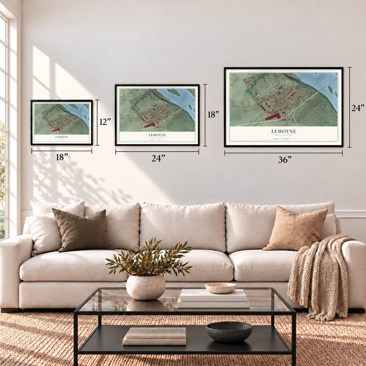 Lemoyne, Pennsylvania map in 12 x 18, 18 x 24 and 24 x 36 inch sizes above a sofa