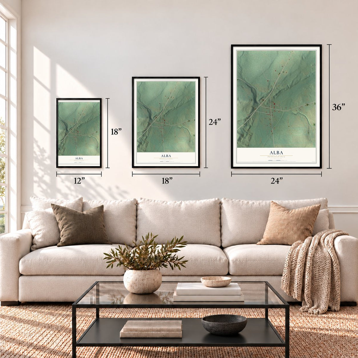 Alba, Pennsylvania map in 12 x 18, 18 x 24 and 24 x 36 inch sizes above a sofa