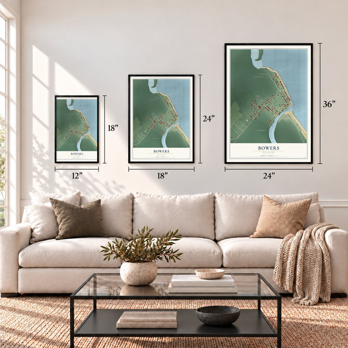 Bowers, Delaware map in 12 x 18, 18 x 24 and 24 x 36 inch sizes above a sofa