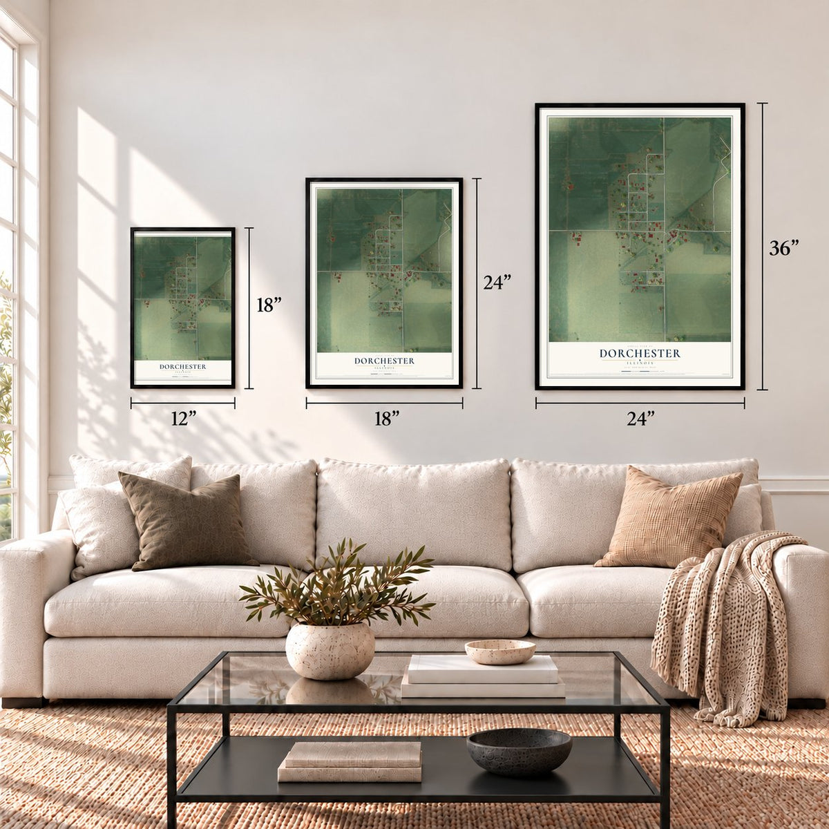 Dorchester, Illinois map in 12 x 18, 18 x 24 and 24 x 36 inch sizes above a sofa