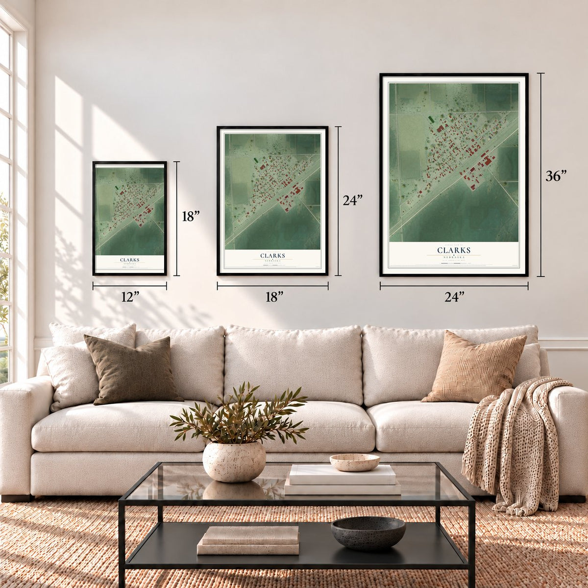 Clarks, Nebraska map in 12 x 18, 18 x 24 and 24 x 36 inch sizes above a sofa
