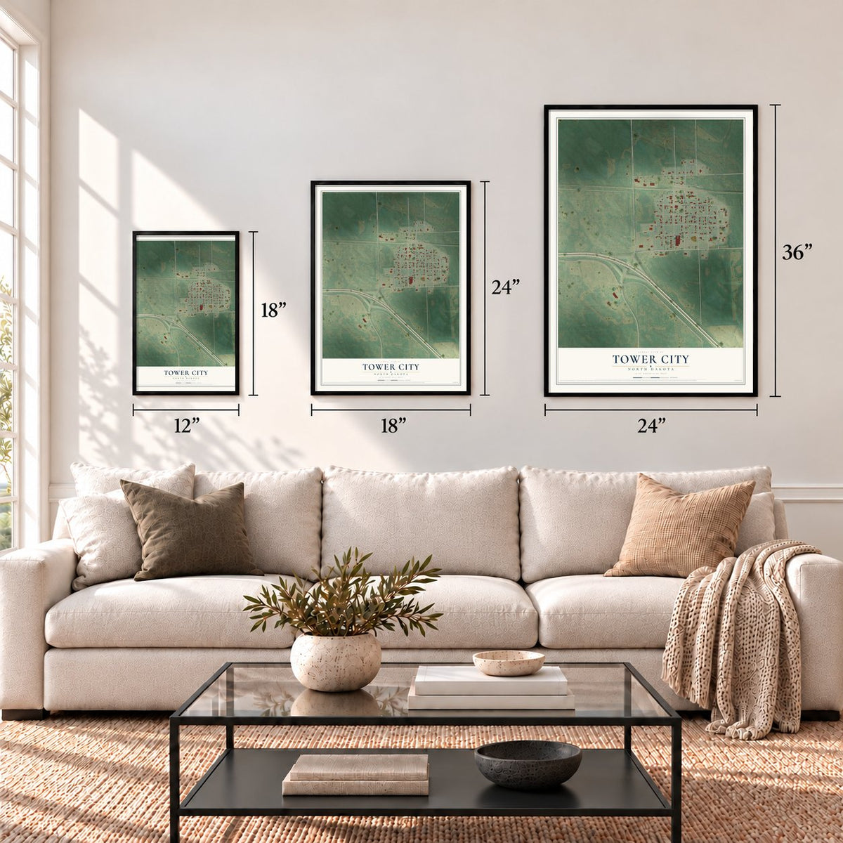 Tower City, North Dakota map in 12 x 18, 18 x 24 and 24 x 36 inch sizes above a sofa