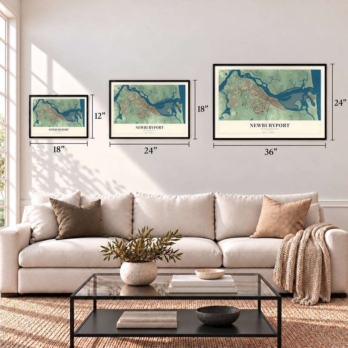 Newburyport, Massachusetts map in 12 x 18, 18 x 24 and 24 x 36 inch sizes above a sofa
