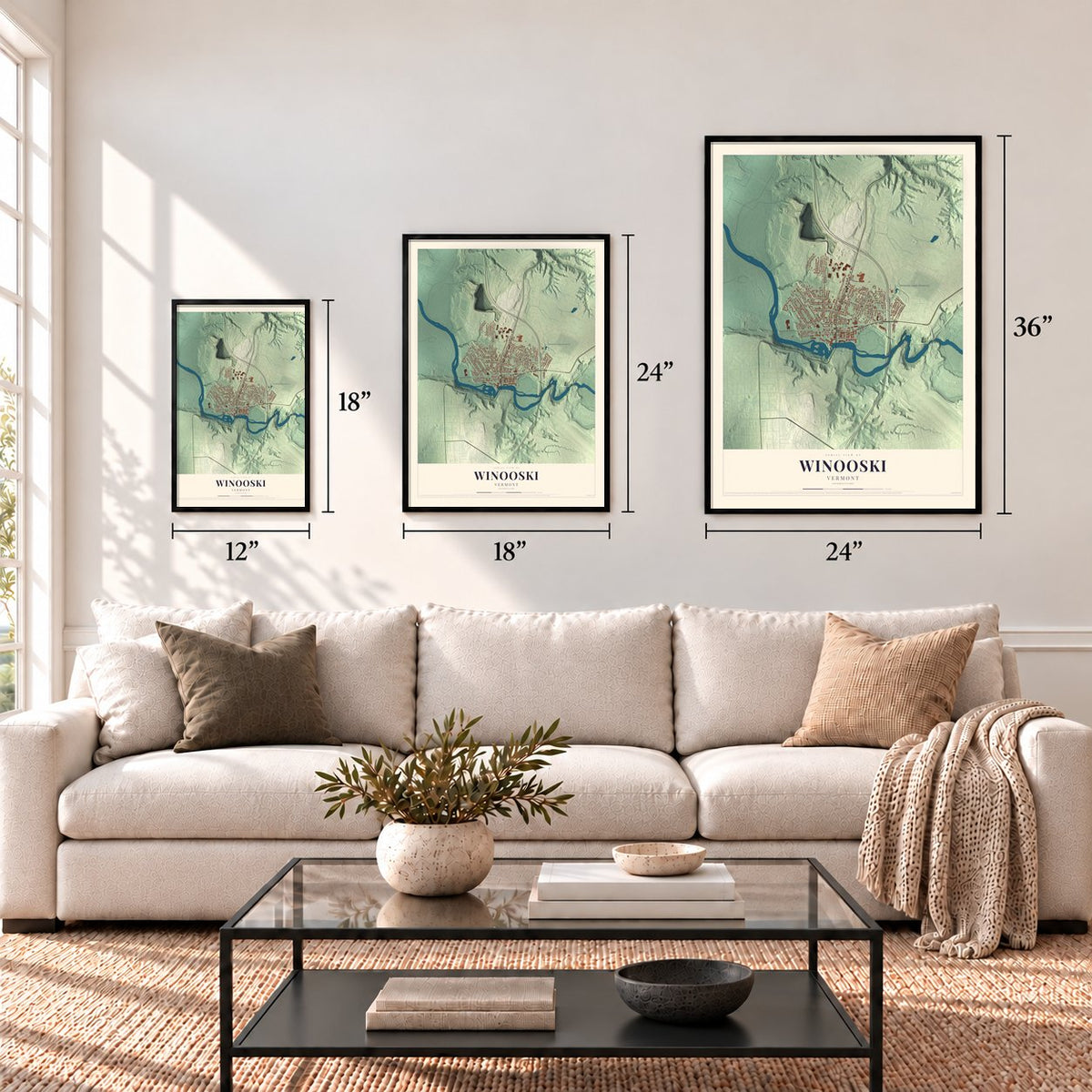 Winooski, Vermont map in 12 x 18, 18 x 24 and 24 x 36 inch sizes above a sofa