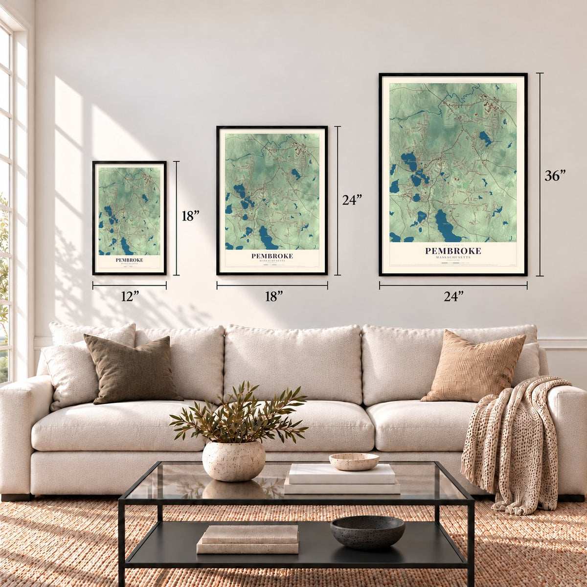 Pembroke, Massachusetts map in 12 x 18, 18 x 24 and 24 x 36 inch sizes above a sofa