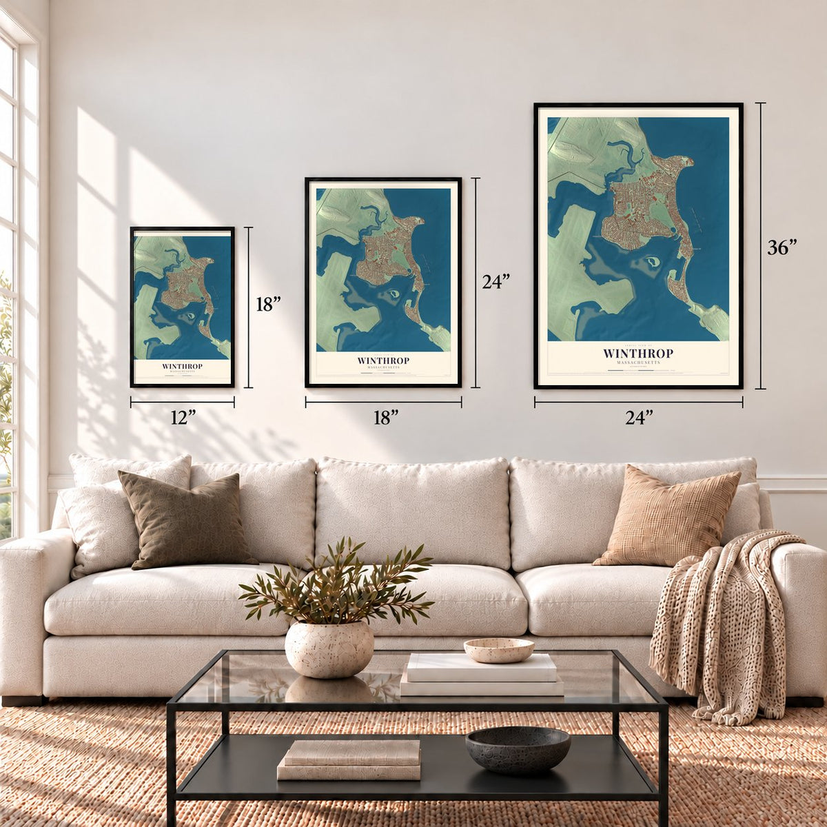 Winthrop, Massachusetts map in 12 x 18, 18 x 24 and 24 x 36 inch sizes above a sofa