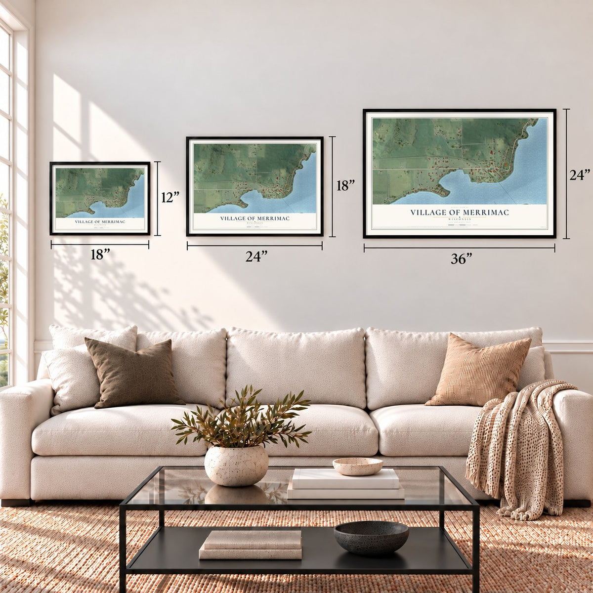 Merrimac, Wisconsin map in 12 x 18, 18 x 24 and 24 x 36 inch sizes above a sofa