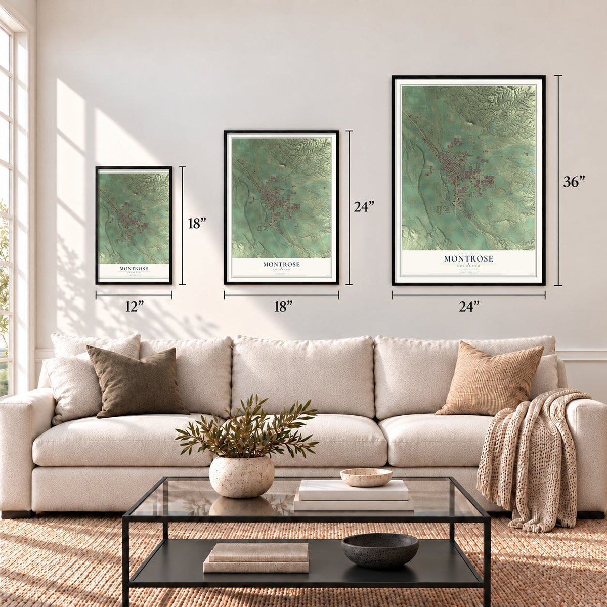 Montrose, Colorado map in 12 x 18, 18 x 24 and 24 x 36 inch sizes above a sofa
