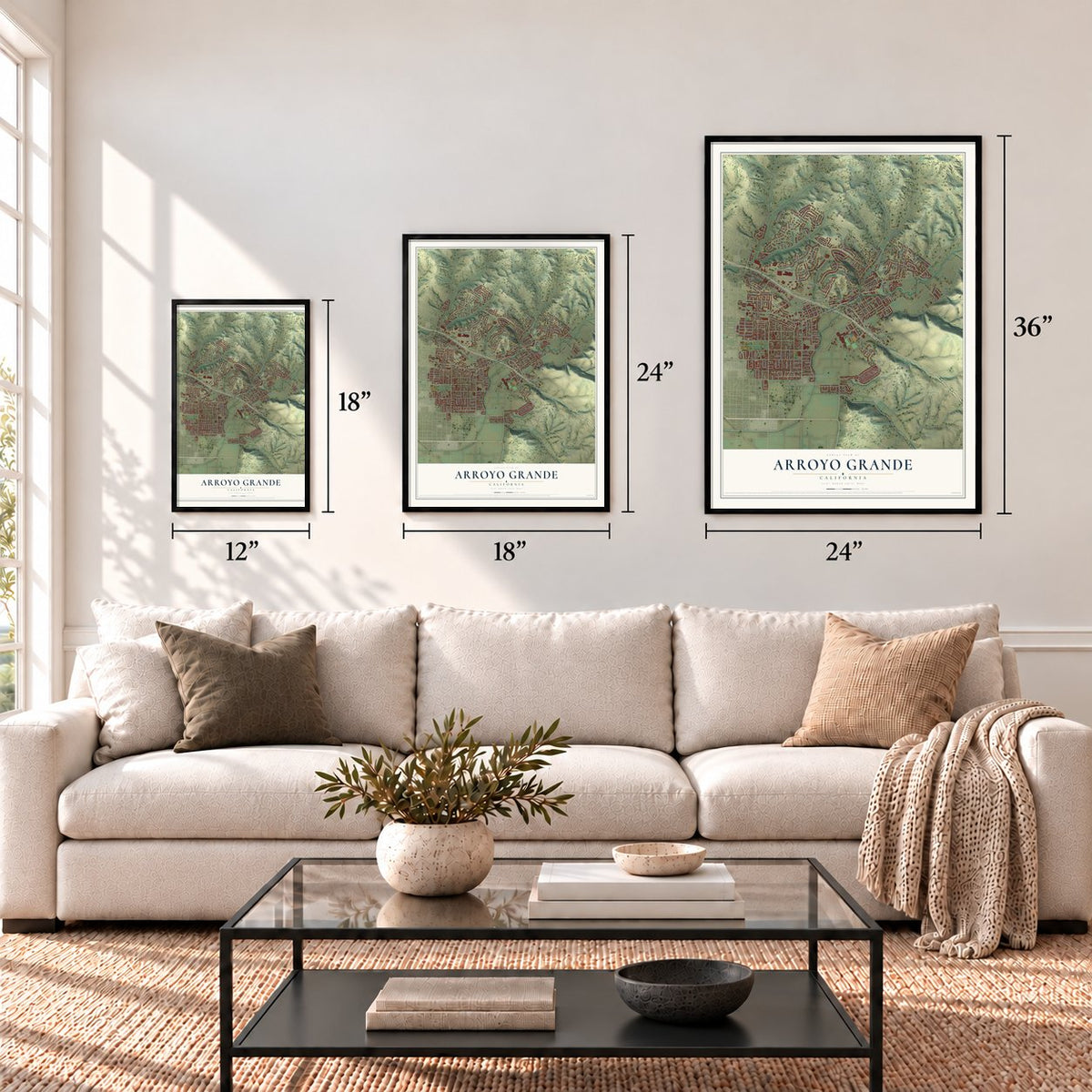 Arroyo Grande, California map in 12 x 18, 18 x 24 and 24 x 36 inch sizes above a sofa