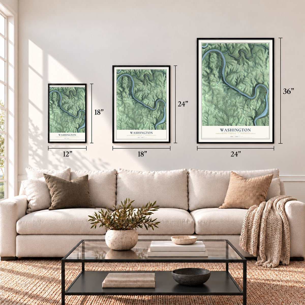 Washington, Armstrong County, Pennsylvania map in 12 x 18, 18 x 24 and 24 x 36 inch sizes above a sofa
