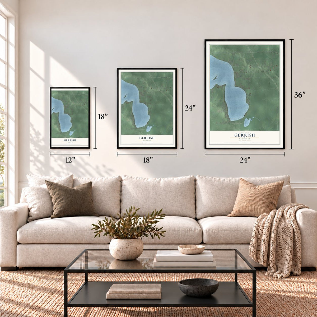 Gerrish, Michigan map in 12 x 18, 18 x 24 and 24 x 36 inch sizes above a sofa