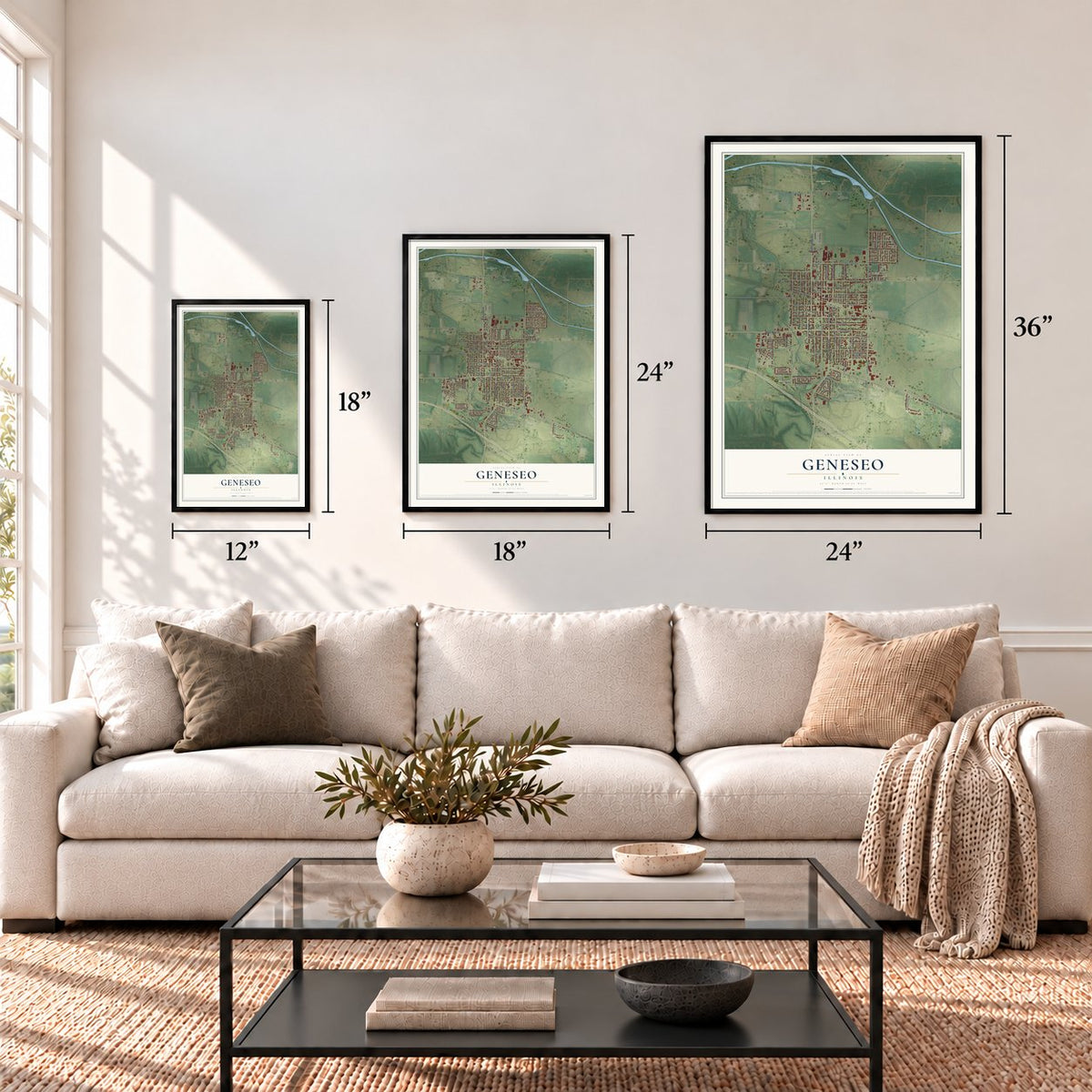 Geneseo, Illinois map in 12 x 18, 18 x 24 and 24 x 36 inch sizes above a sofa