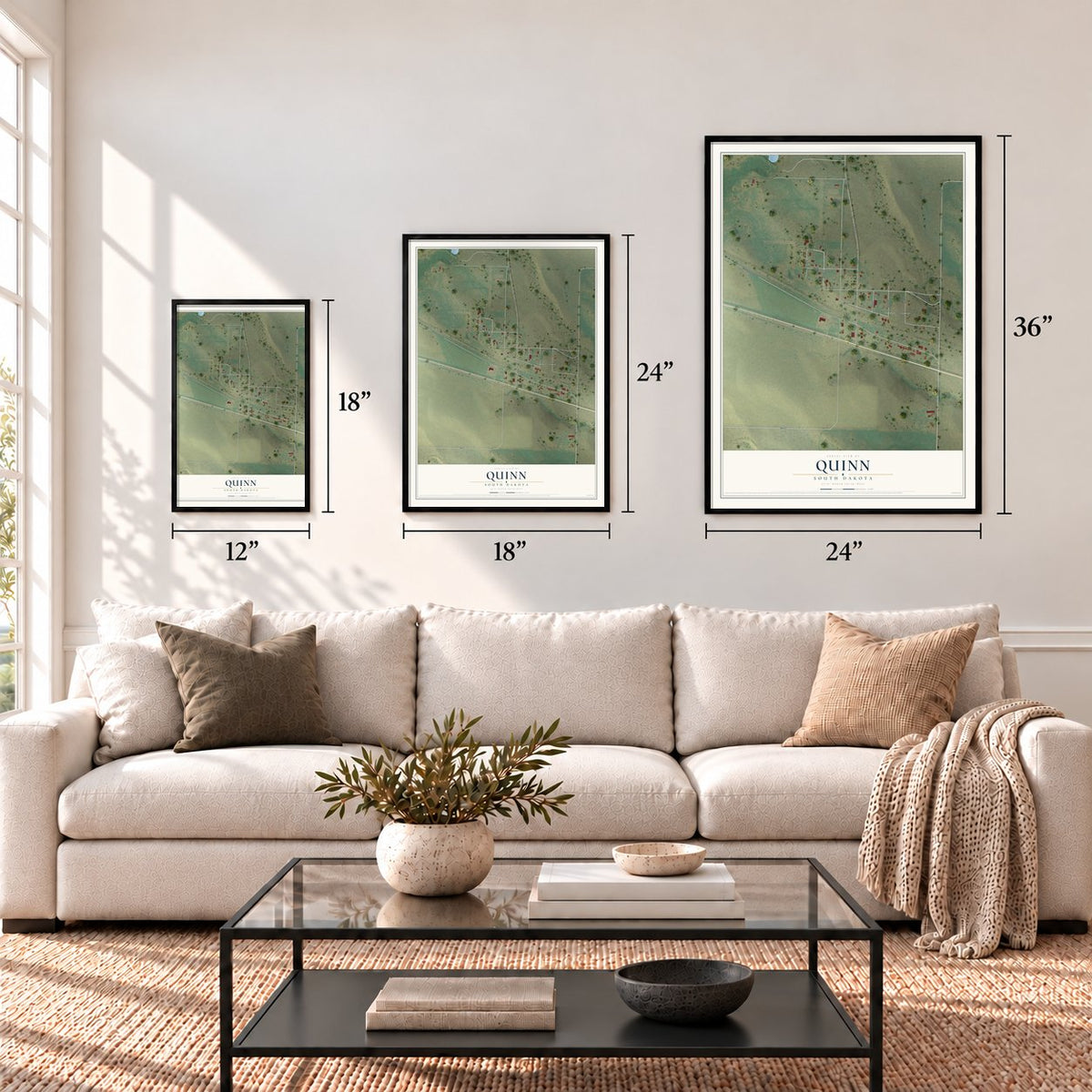 Quinn, South Dakota map in 12 x 18, 18 x 24 and 24 x 36 inch sizes above a sofa