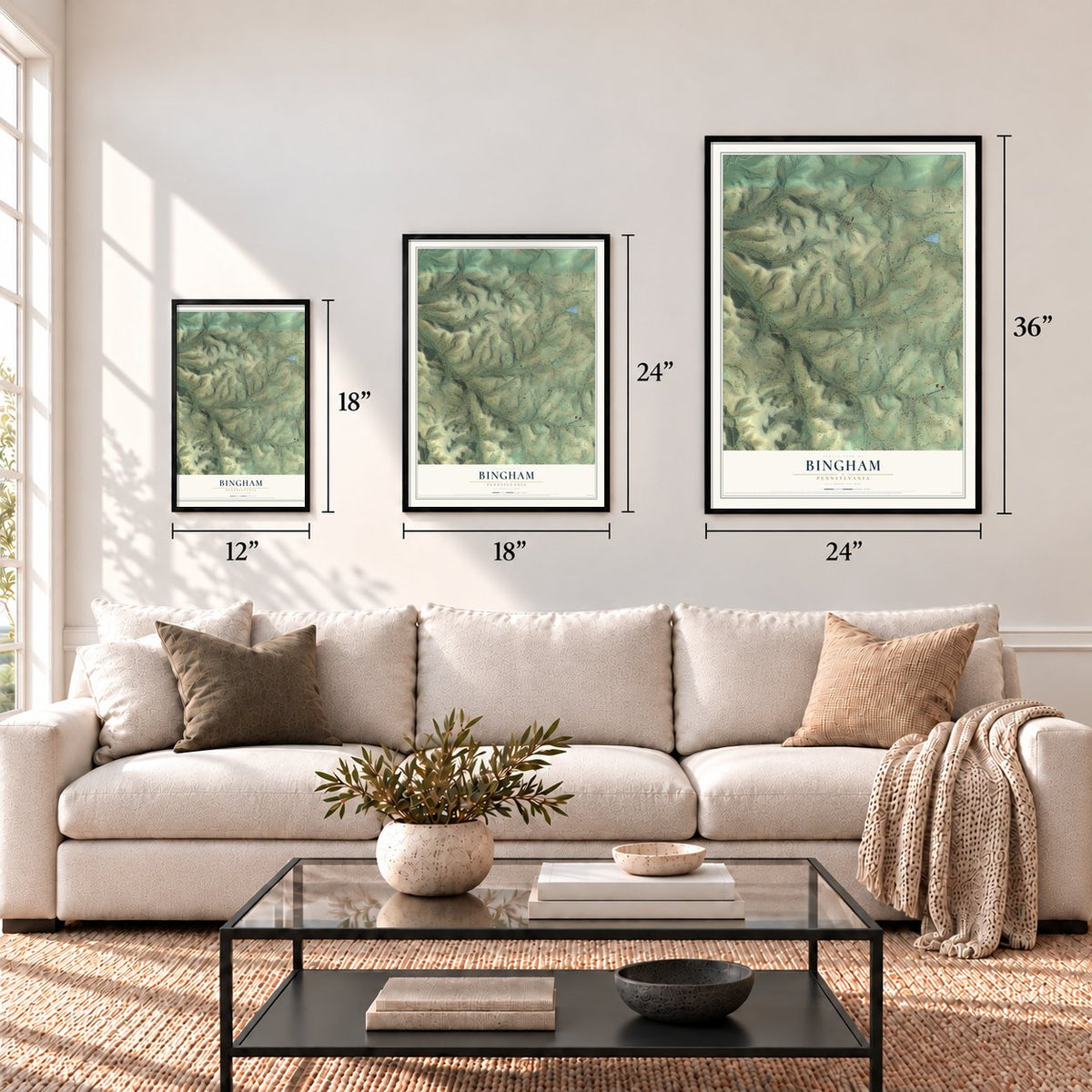 Bingham, Pennsylvania map in 12 x 18, 18 x 24 and 24 x 36 inch sizes above a sofa