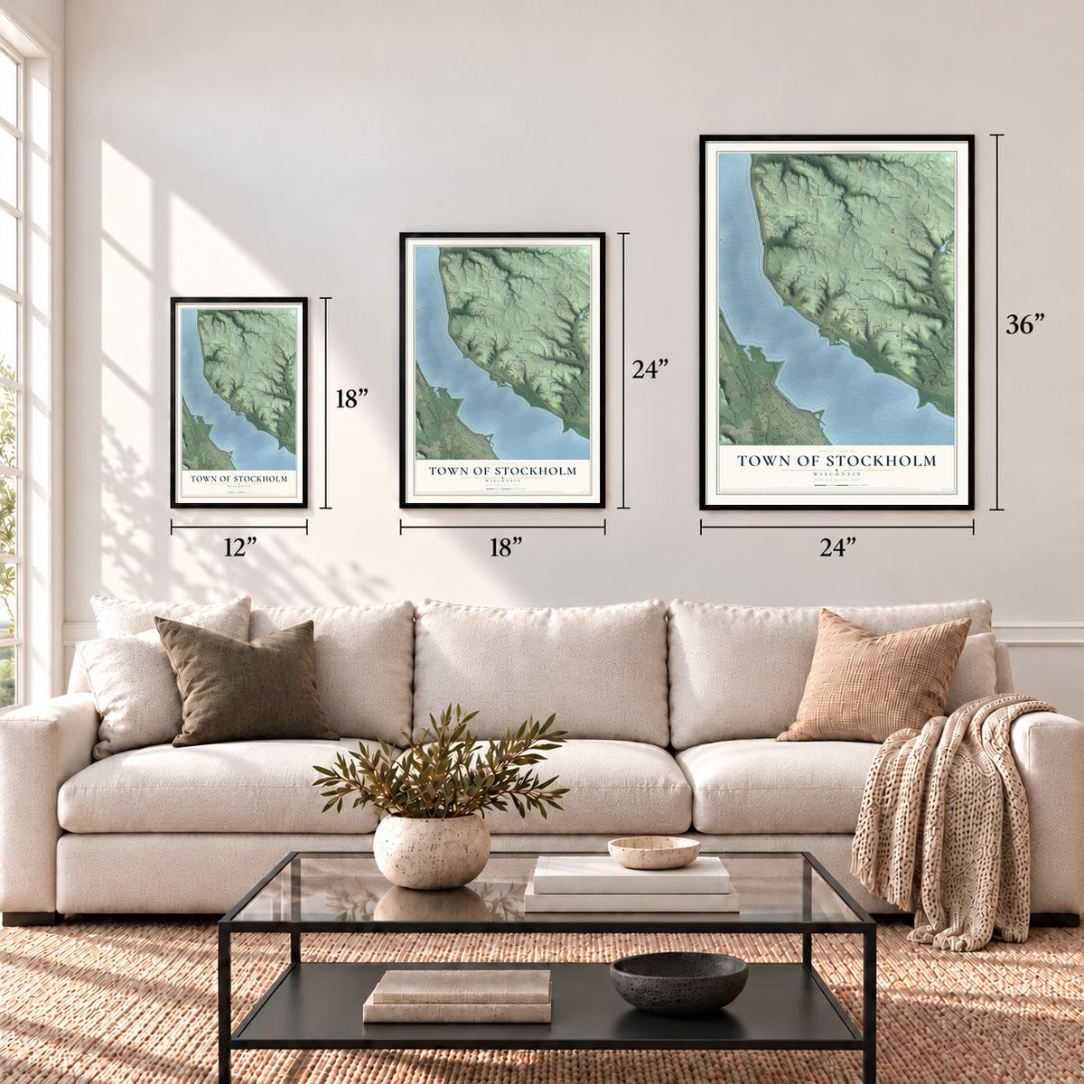 Town of Stockholm, Wisconsin map in 12 x 18, 18 x 24 and 24 x 36 inch sizes above a sofa
