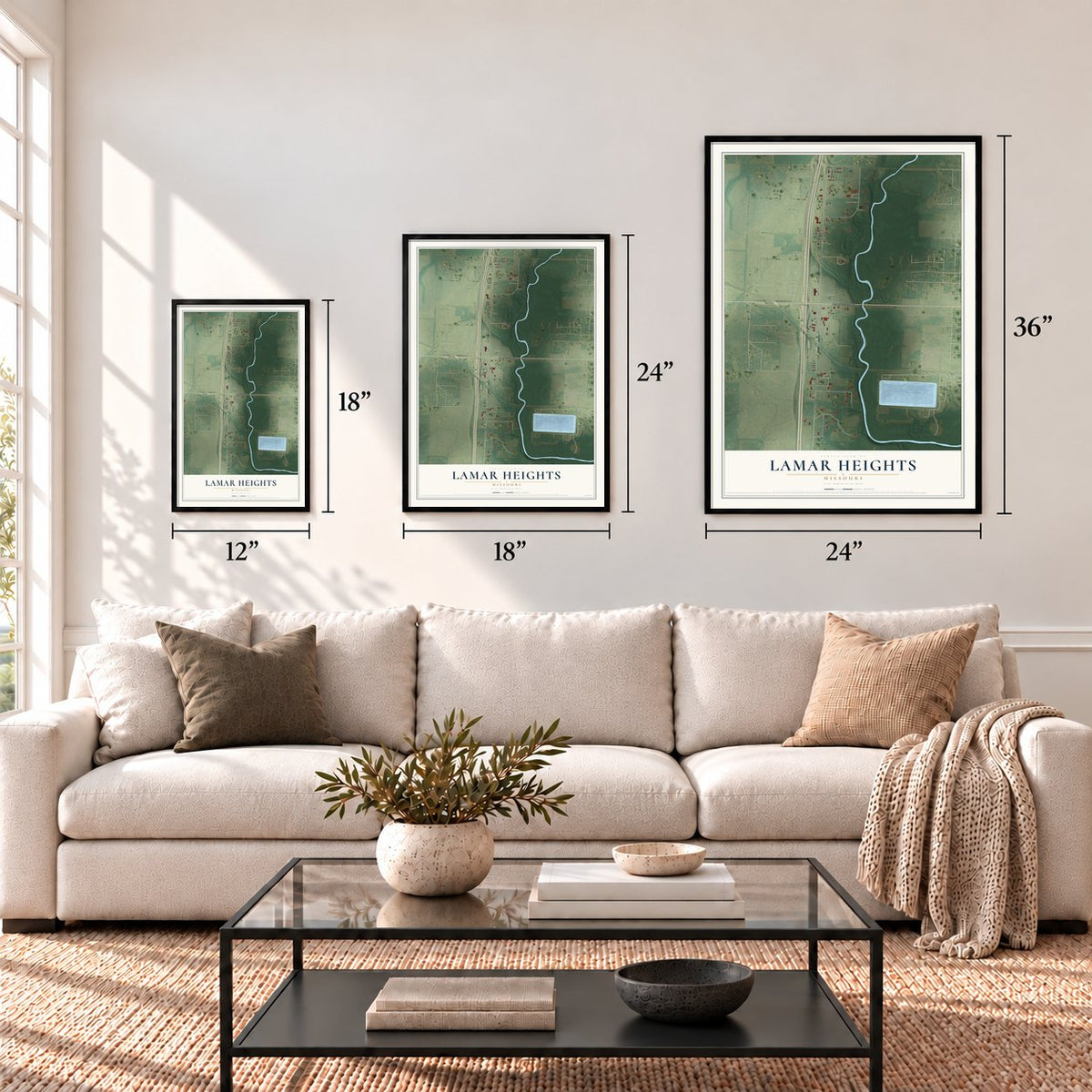 Lamar Heights, Missouri map in 12 x 18, 18 x 24 and 24 x 36 inch sizes above a sofa