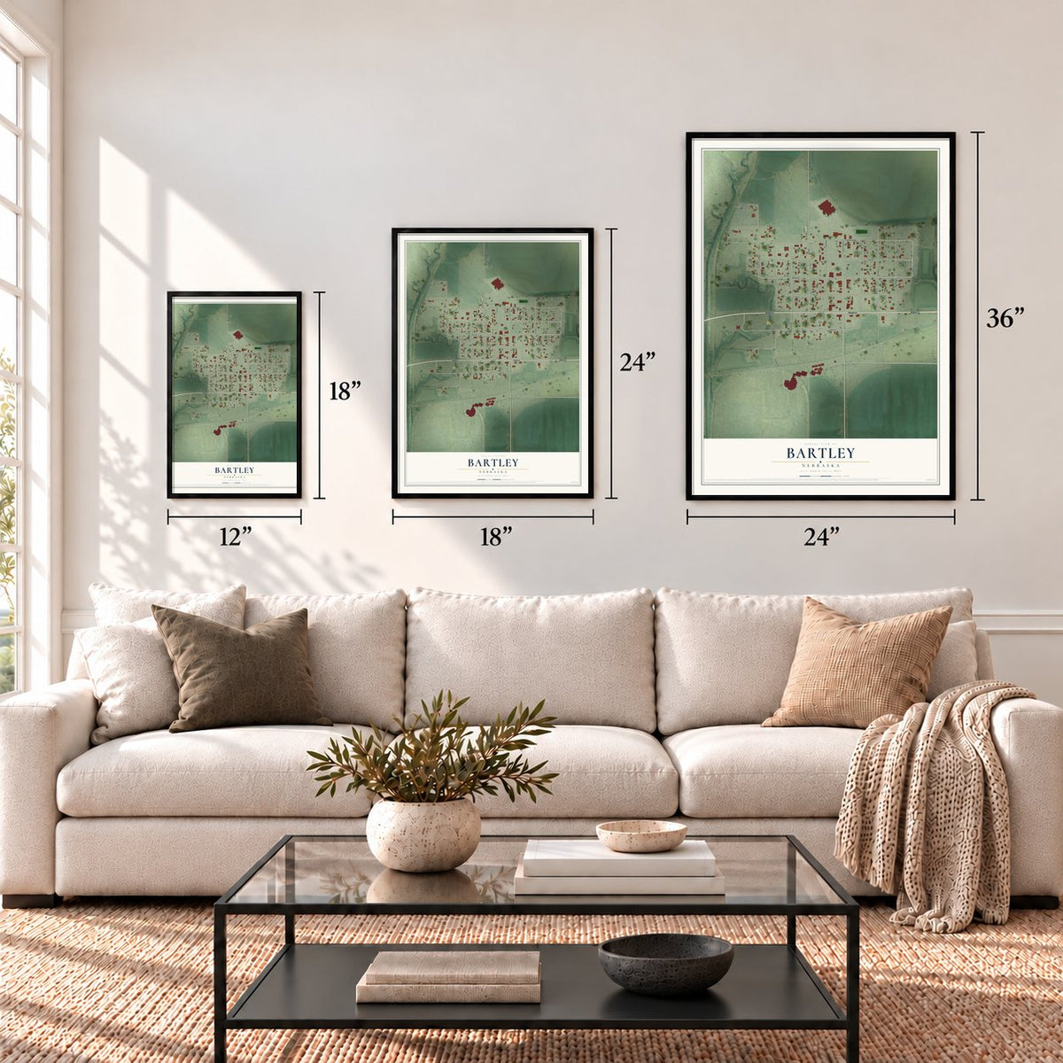 Bartley, Nebraska map in 12 x 18, 18 x 24 and 24 x 36 inch sizes above a sofa