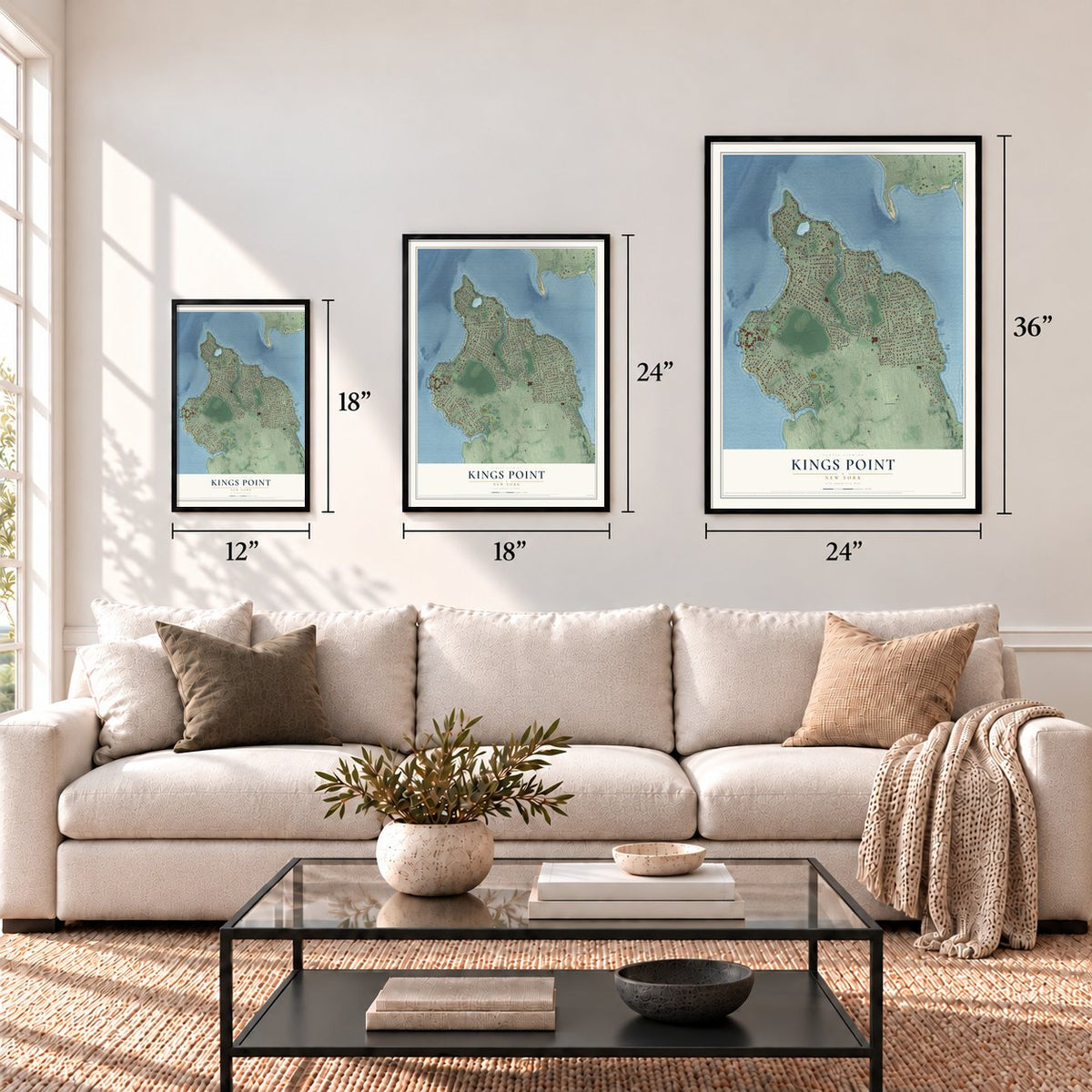 Kings Point, New York map in 12 x 18, 18 x 24 and 24 x 36 inch sizes above a sofa