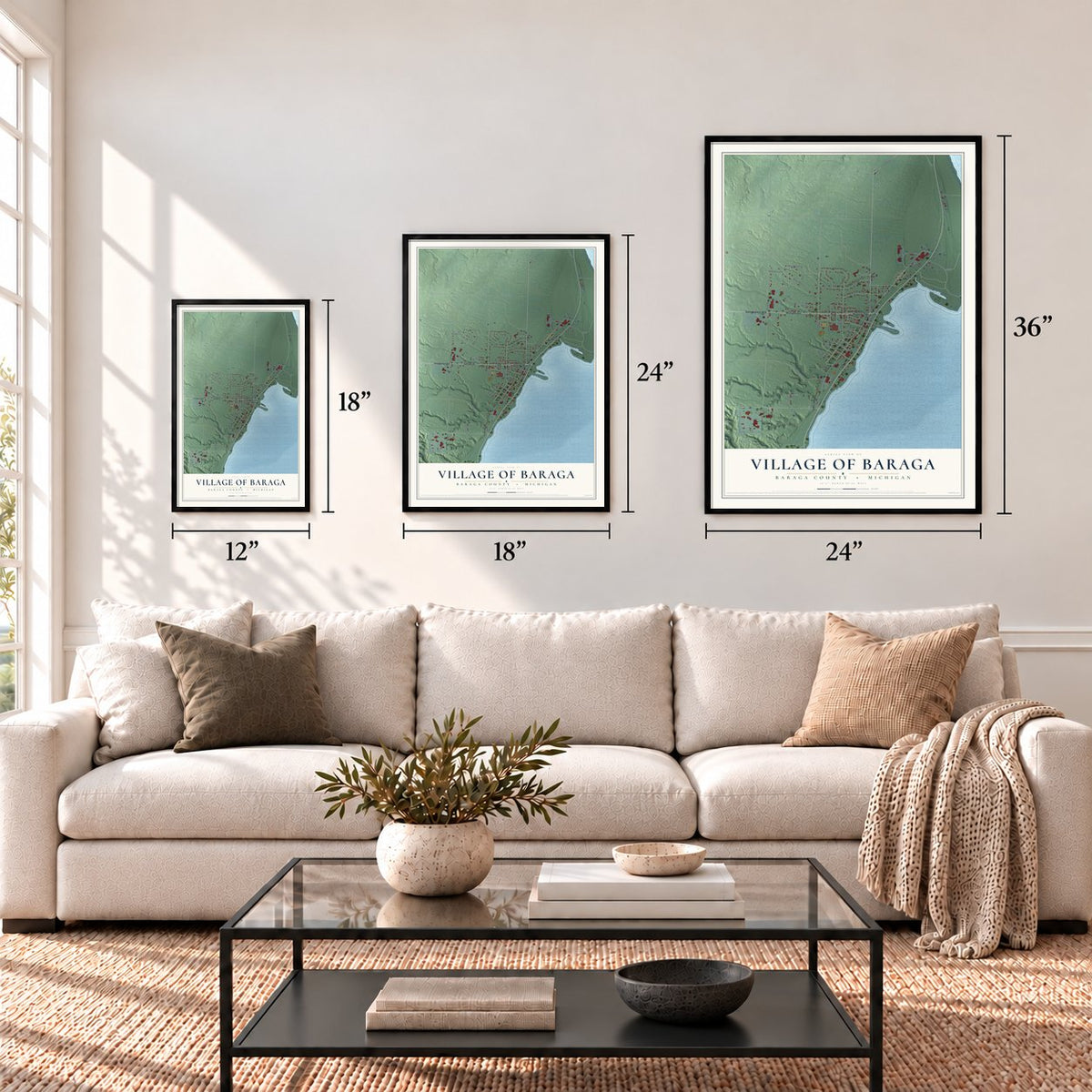 Baraga, Michigan map in 12 x 18, 18 x 24 and 24 x 36 inch sizes above a sofa