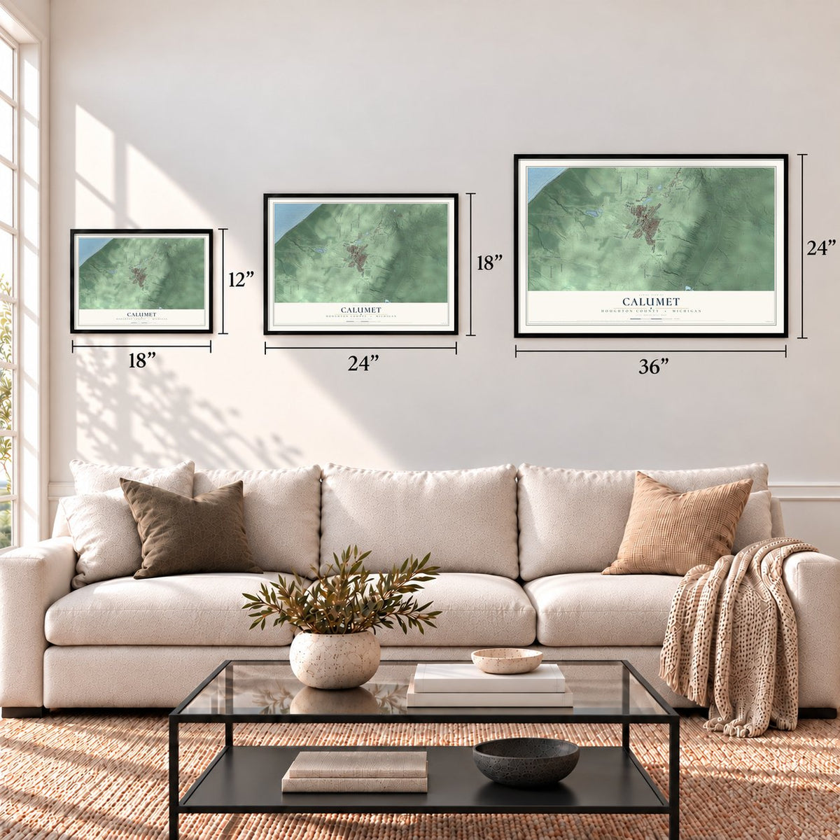 Calumet, Houghton County, Michigan map in 12 x 18, 18 x 24 and 24 x 36 inch sizes above a sofa