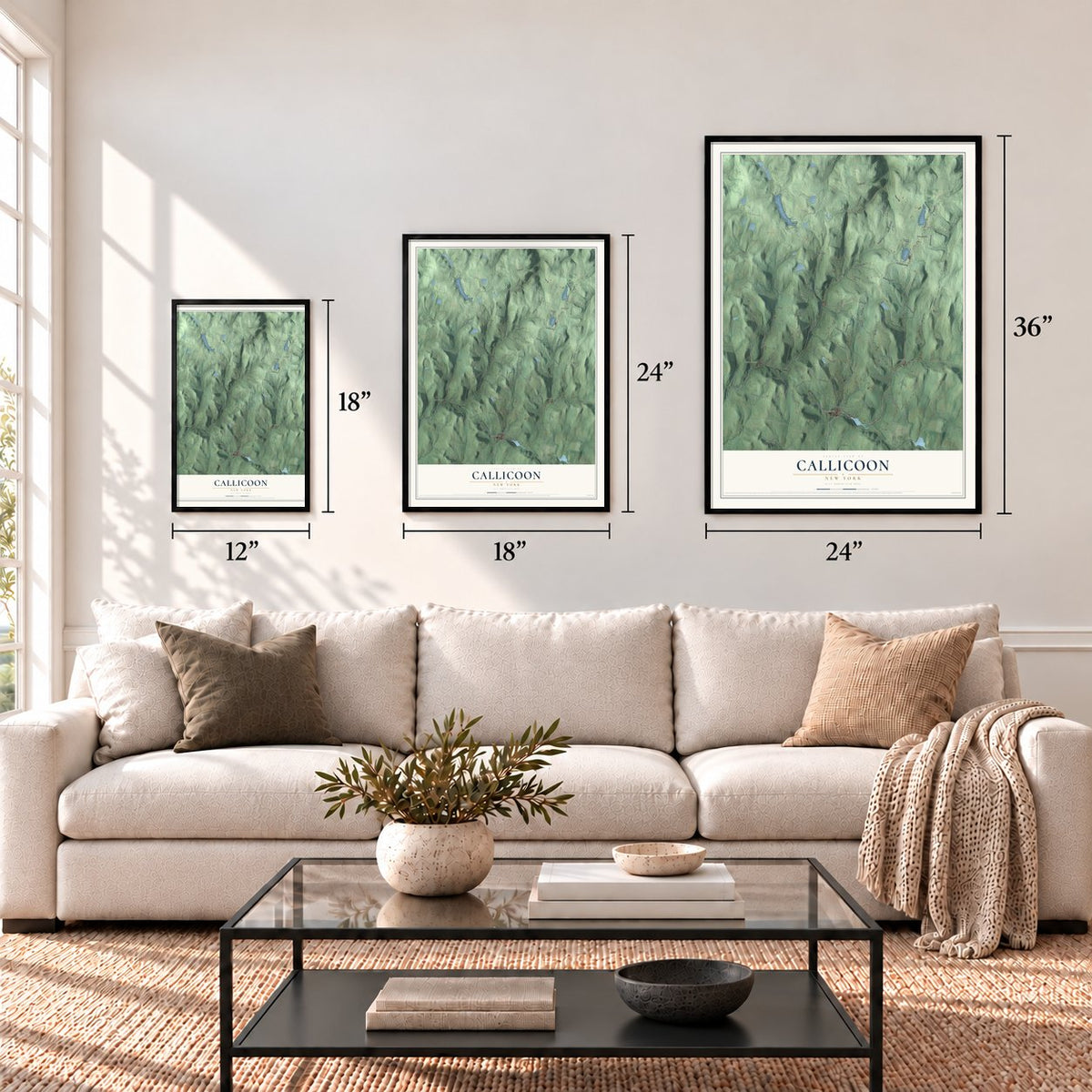 Callicoon, New York map in 12 x 18, 18 x 24 and 24 x 36 inch sizes above a sofa