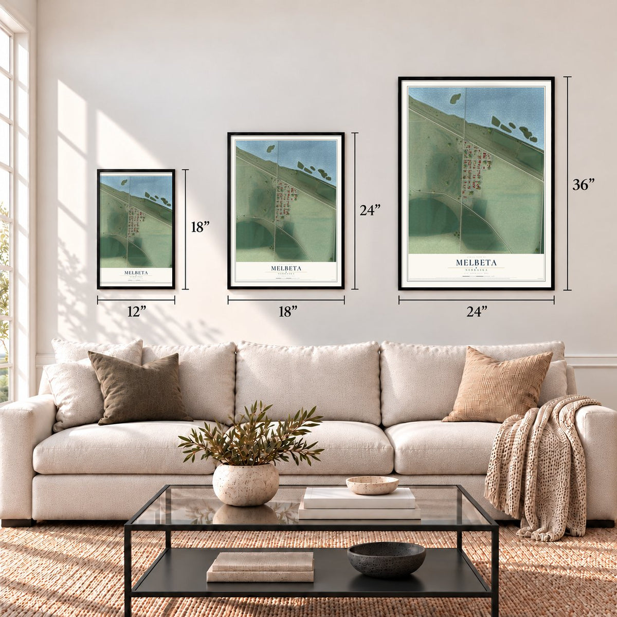 Melbeta, Nebraska map in 12 x 18, 18 x 24 and 24 x 36 inch sizes above a sofa