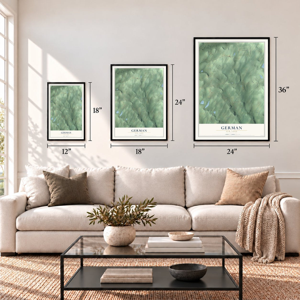 German, New York map in 12 x 18, 18 x 24 and 24 x 36 inch sizes above a sofa