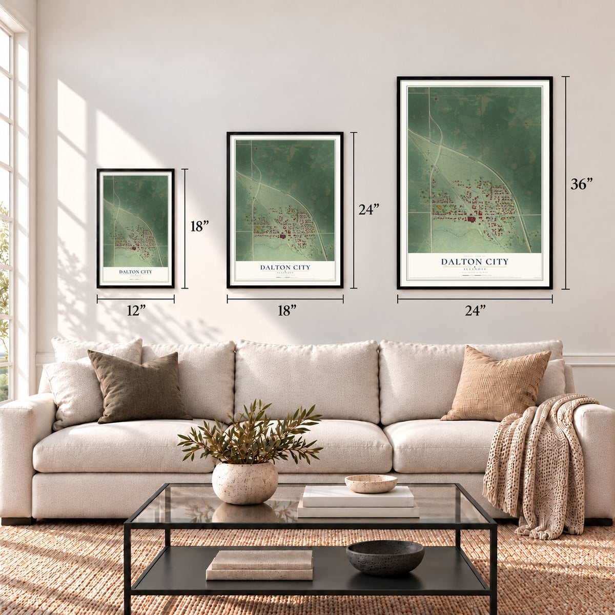 Dalton City, Illinois map in 12 x 18, 18 x 24 and 24 x 36 inch sizes above a sofa