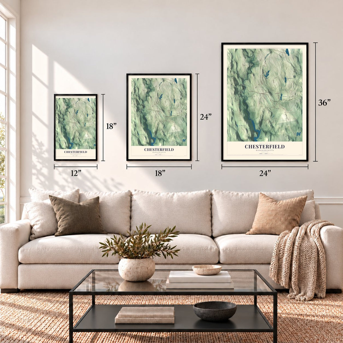 Chesterfield, Massachusetts map in 12 x 18, 18 x 24 and 24 x 36 inch sizes above a sofa