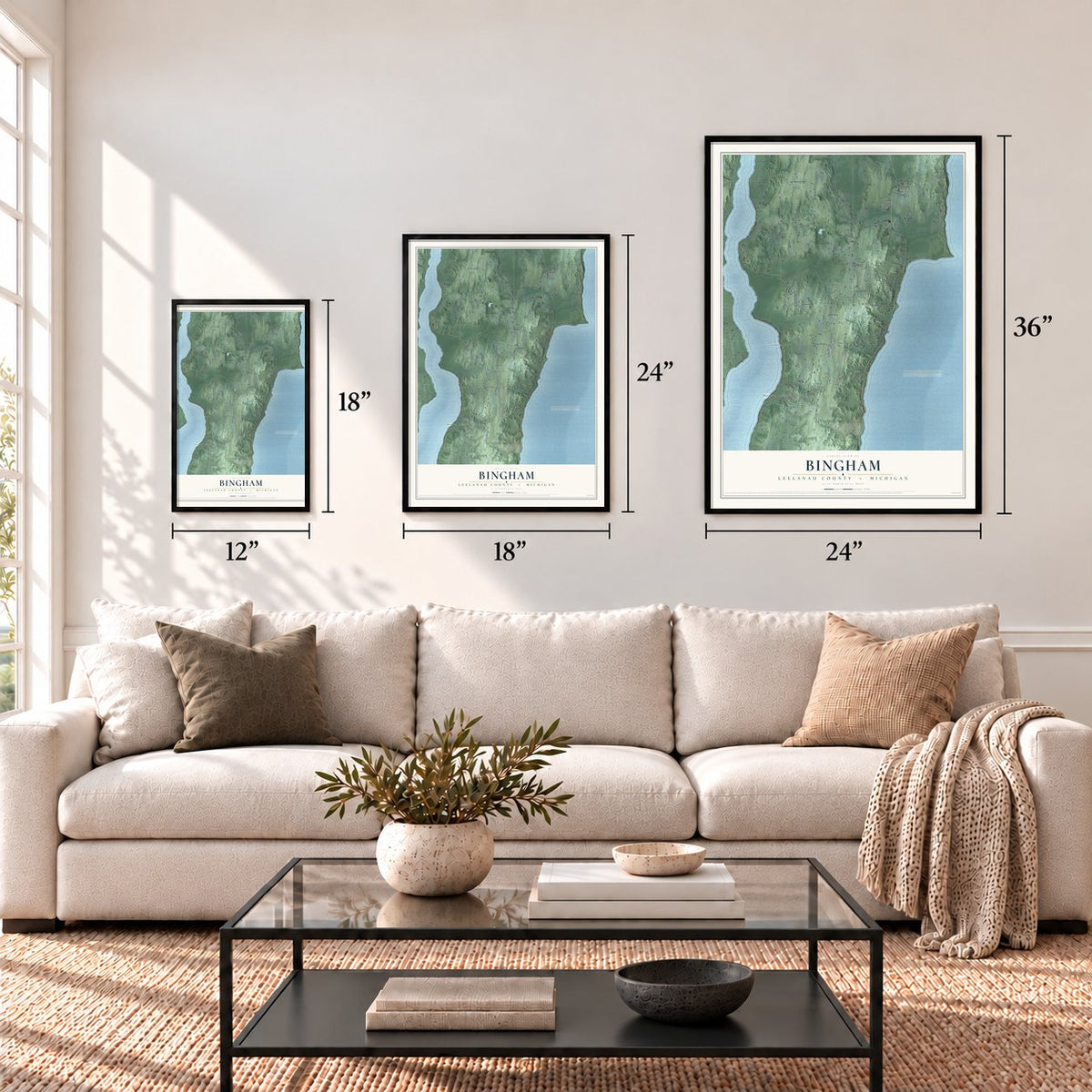 Bingham, Leelanau County, Michigan map in 12 x 18, 18 x 24 and 24 x 36 inch sizes above a sofa