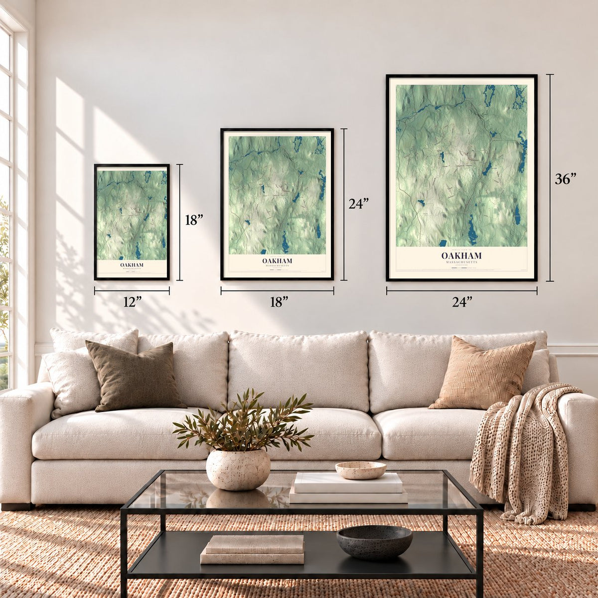 Oakham, Massachusetts map in 12 x 18, 18 x 24 and 24 x 36 inch sizes above a sofa