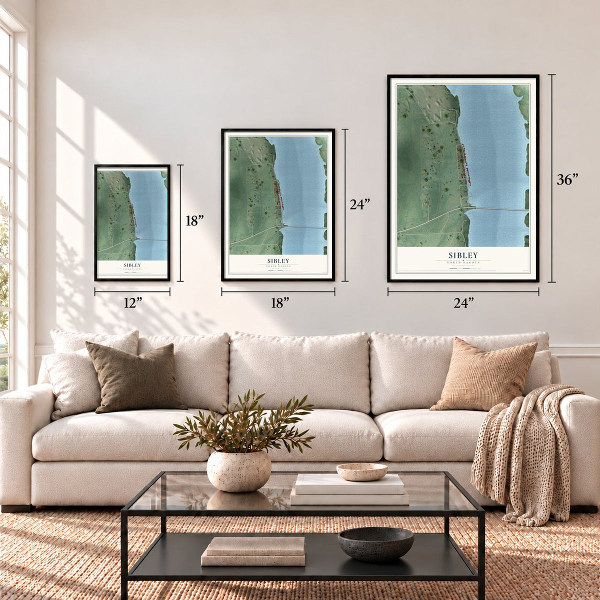 Sibley, North Dakota map in 12 x 18, 18 x 24 and 24 x 36 inch sizes above a sofa