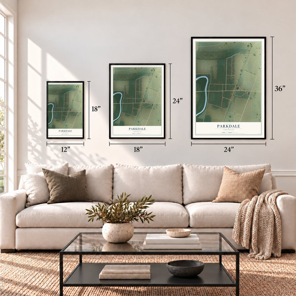 Parkdale, Arkansas map in 12 x 18, 18 x 24 and 24 x 36 inch sizes above a sofa