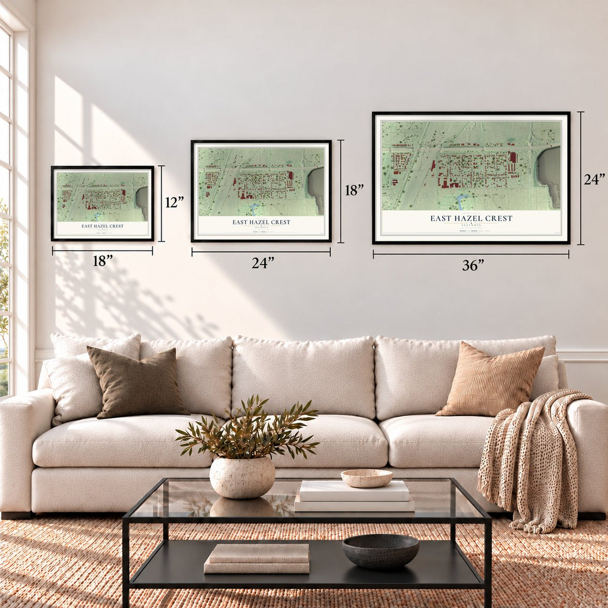 East Hazel Crest, Illinois map in 12 x 18, 18 x 24 and 24 x 36 inch sizes above a sofa