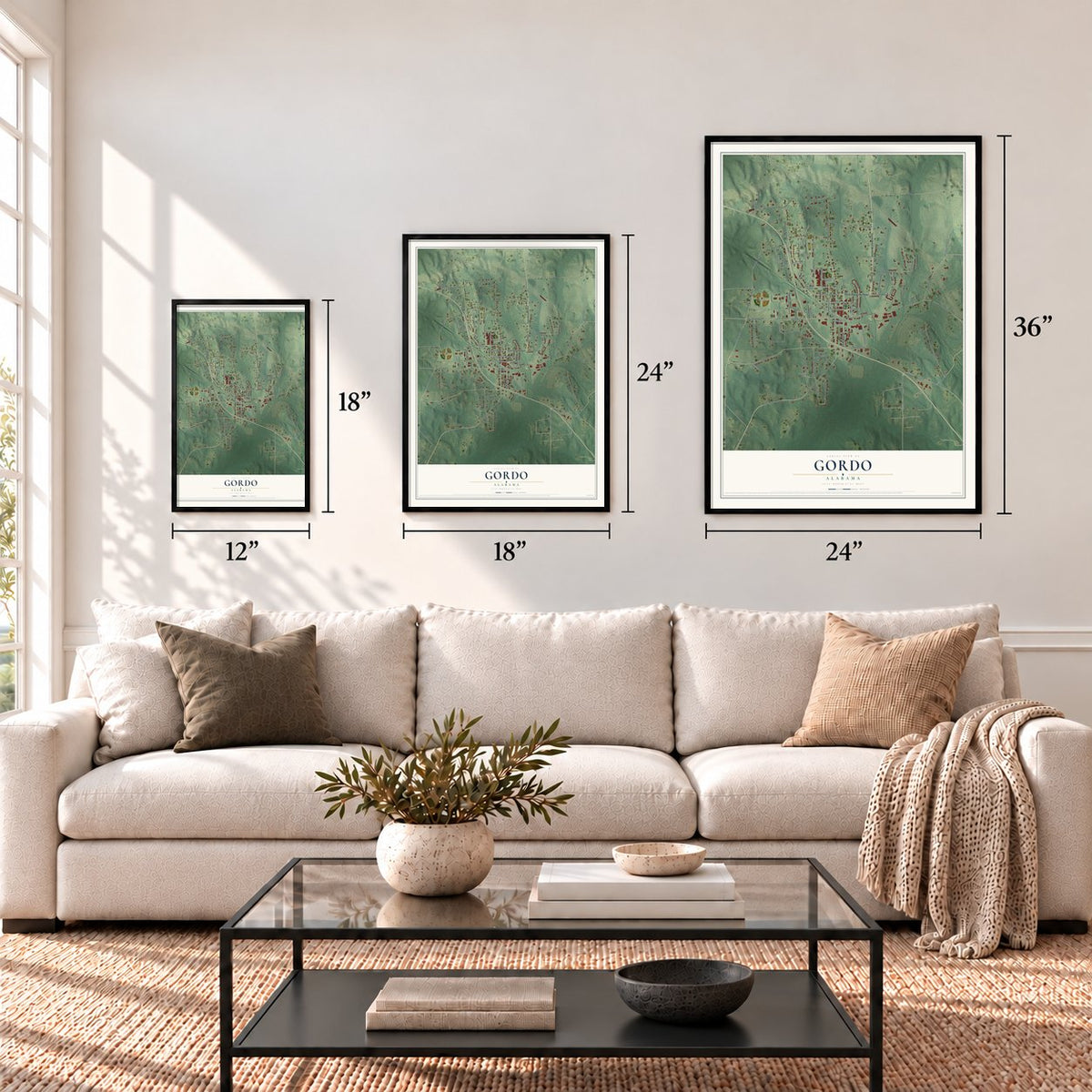 Gordo, Alabama map in 12 x 18, 18 x 24 and 24 x 36 inch sizes above a sofa