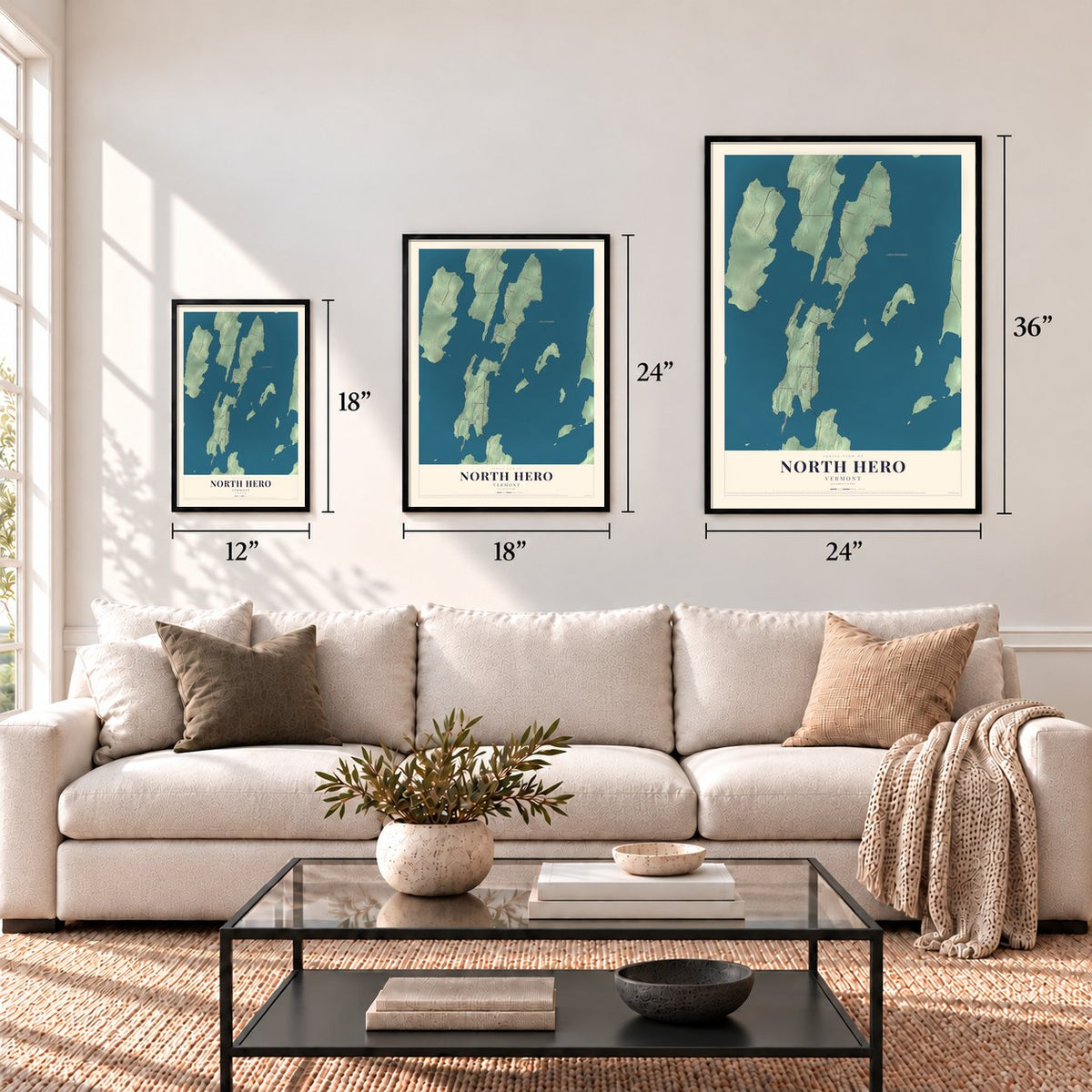 North Hero, Vermont map in 12 x 18, 18 x 24 and 24 x 36 inch sizes above a sofa