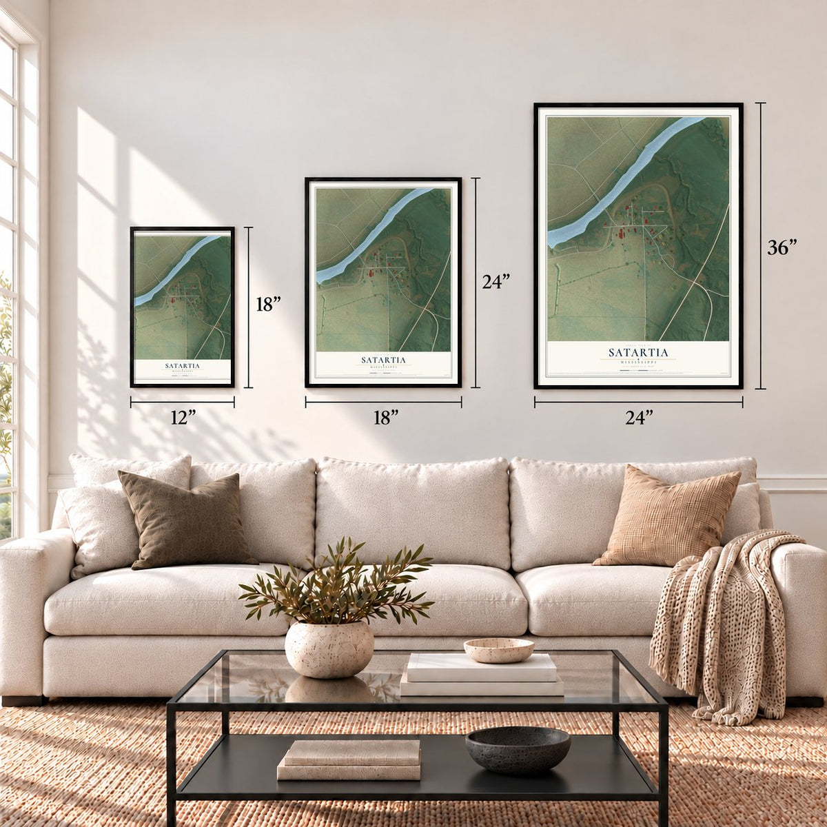 Satartia, Mississippi map in 12 x 18, 18 x 24 and 24 x 36 inch sizes above a sofa