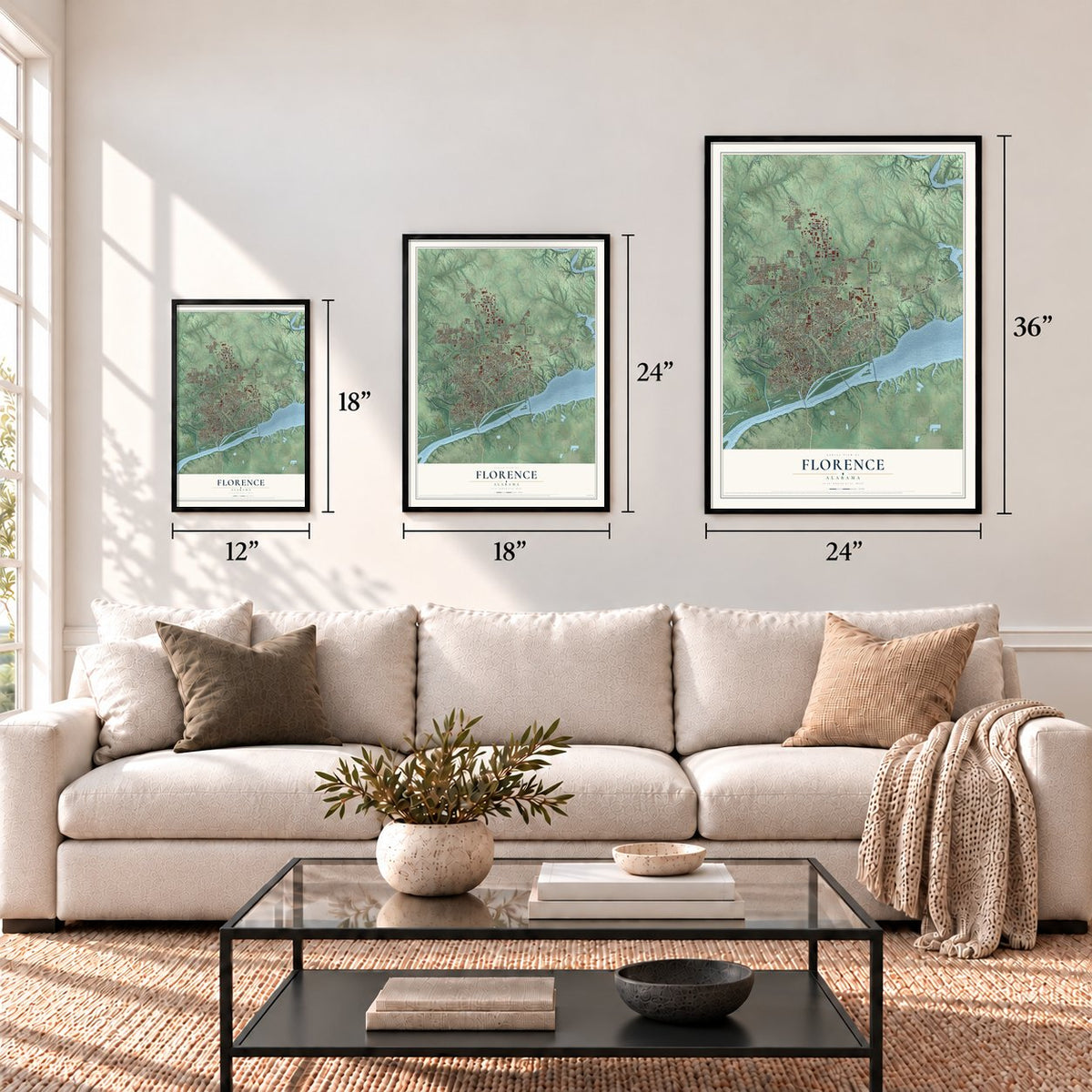 Florence, Alabama map in 12 x 18, 18 x 24 and 24 x 36 inch sizes above a sofa