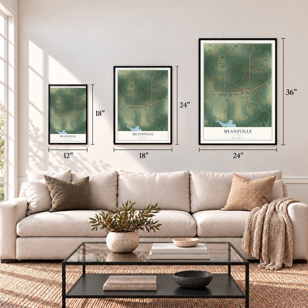 Meansville, Georgia map in 12 x 18, 18 x 24 and 24 x 36 inch sizes above a sofa