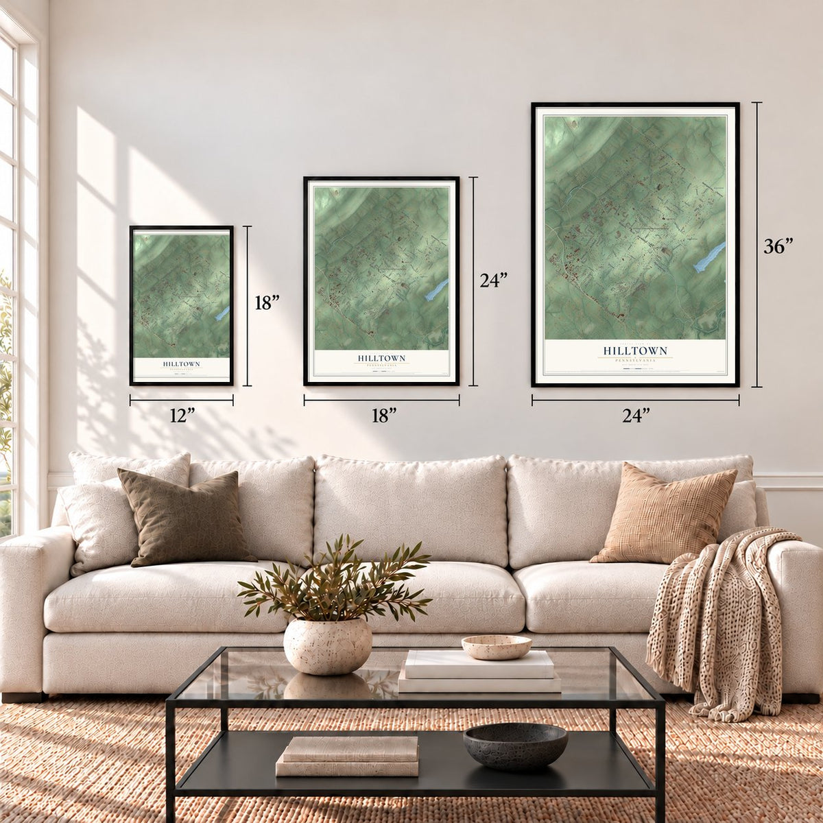 Hilltown, Pennsylvania map in 12 x 18, 18 x 24 and 24 x 36 inch sizes above a sofa