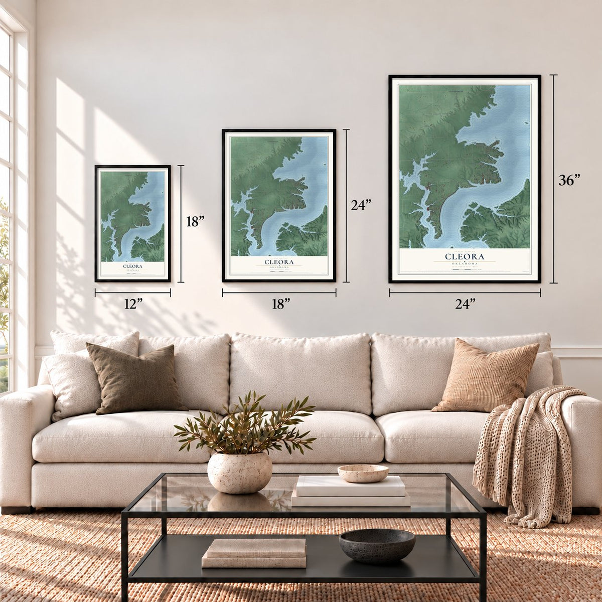Cleora, Oklahoma map in 12 x 18, 18 x 24 and 24 x 36 inch sizes above a sofa