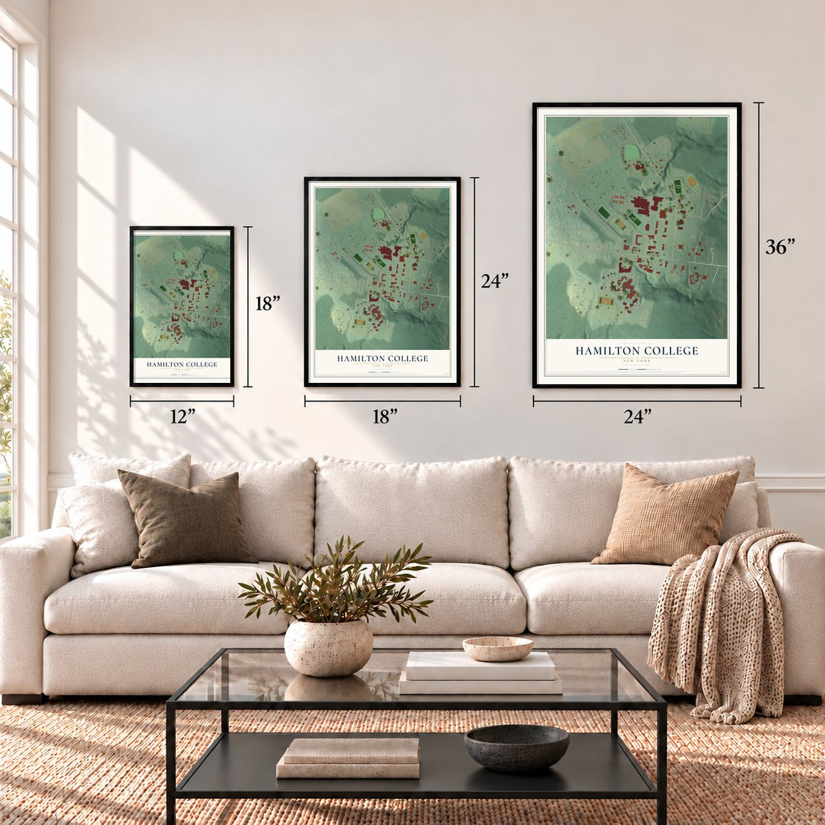 Hamilton College, New York map in 12 x 18, 18 x 24 and 24 x 36 inch sizes above a sofa