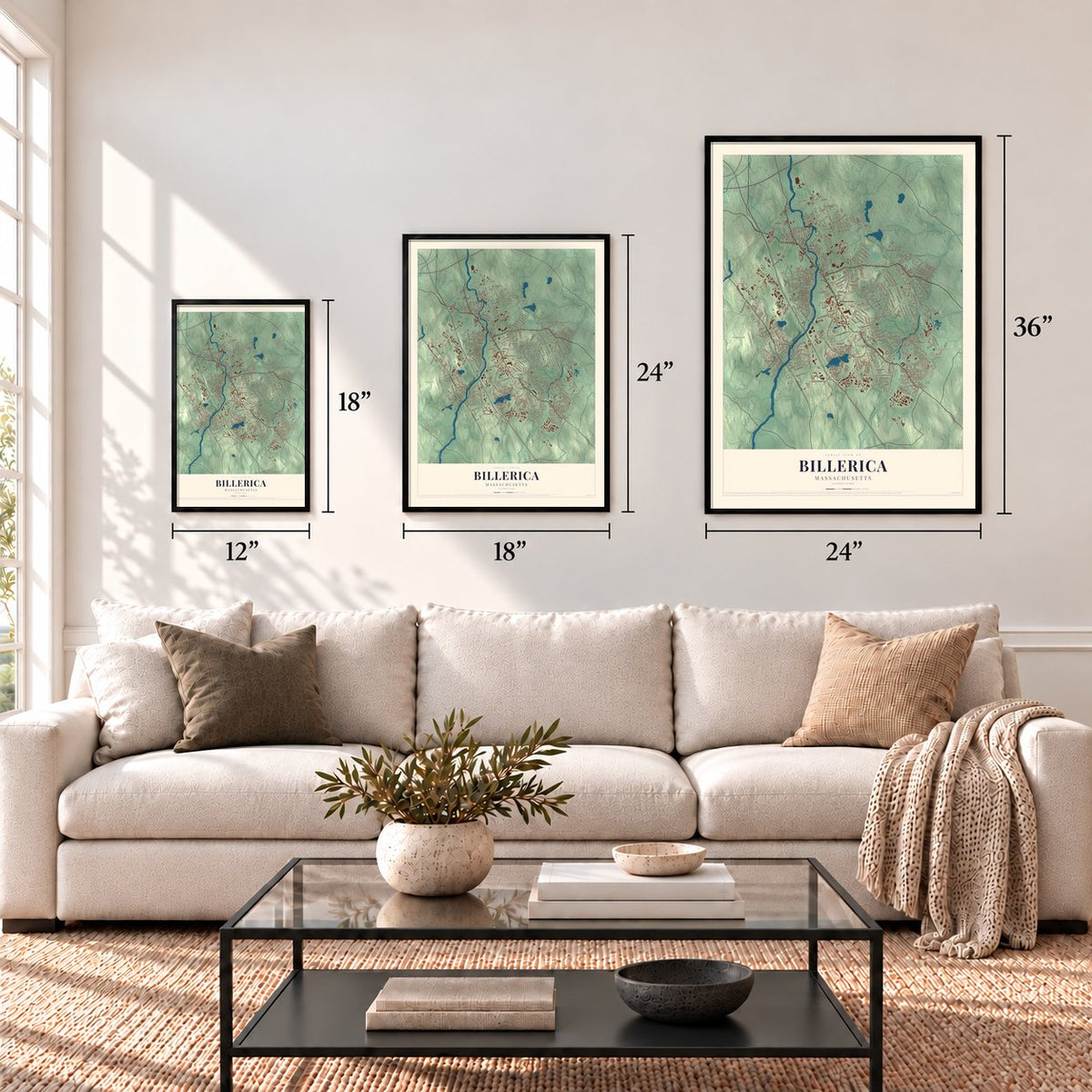 Billerica, Massachusetts map in 12 x 18, 18 x 24 and 24 x 36 inch sizes above a sofa